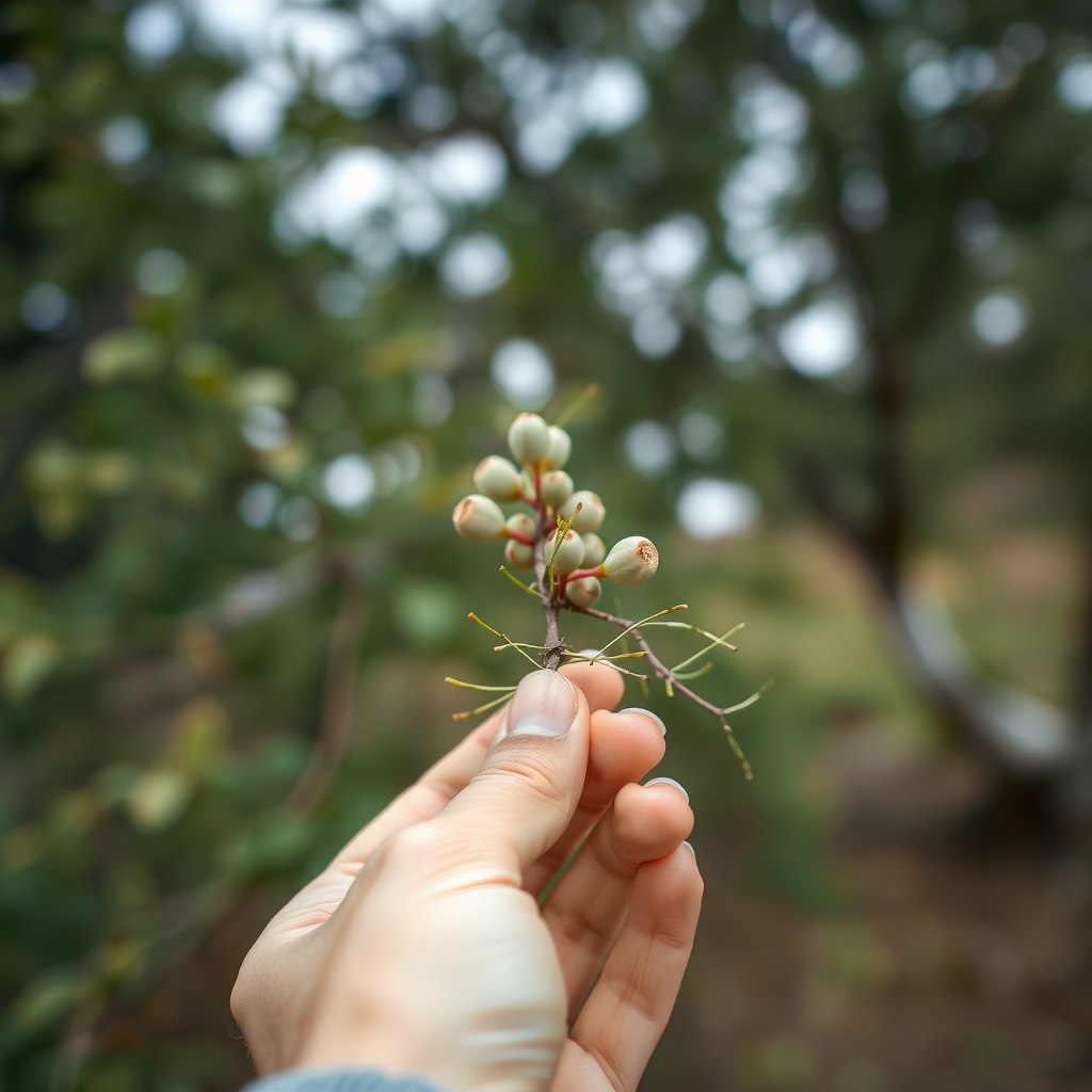 A view of a person's hand holding a eucalyptus sprig - a macro DSLR highlighting the balance of human and nature.