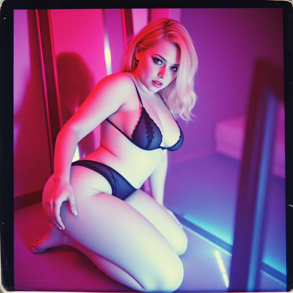 old polaroid photo with heavy vignetting and pink and blue artistic studio lighting color tint and light leak, depicting a sexy curvy thicc pale white alt goth girl with eye makeup, wearing a tiny revealing black see thru bikini gstring thong with a small outline of her labia and nipples visible, kneeling over a mirror