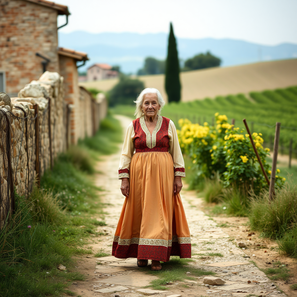 Old woman in a long dress in the Venetian countryside.