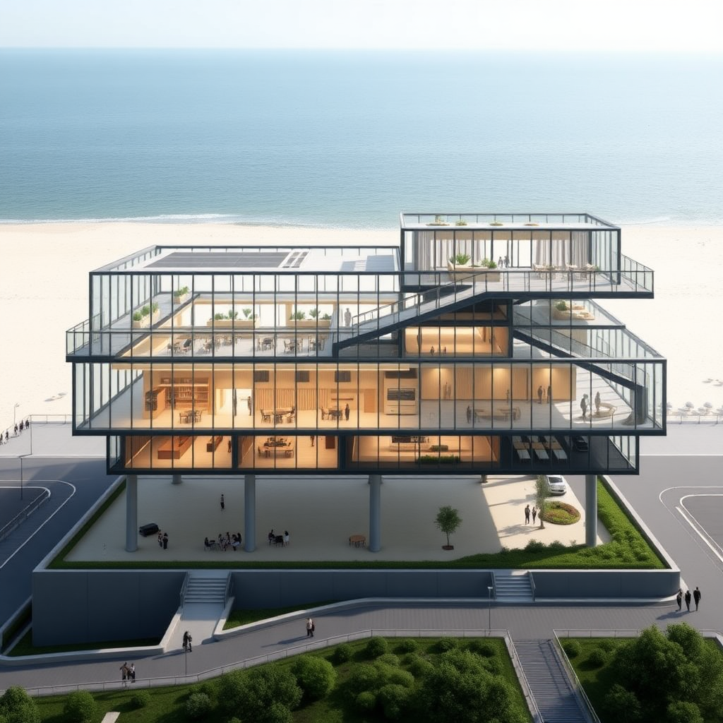 Overall Structure and Site Layout  
As you approach the site, situated adjacent to a scenic beach on the west, the elongated rectangular plot (approximately 100 meters by 43 meters) gradually reveals itself. The building sits gracefully elevated on pilotis (stilts), with much of the ground floor open for bus circulation. This open design not only allows for efficient traffic flow but also provides a visual connection between the surrounding landscape and the built environment, in tune with Toyo Ito's concept of blurring the lines between architecture and nature. The site is divided into distinct zones based on functionality, with buses circulating in the northeast portion.

Ground Floor (Transit and Public Circulation)  
The ground floor predominantly serves as a transit hub. The north-east section is designed specifically for buses, with dedicated bus lanes and parking. A seamless bus circulation area allows entry from the east side of the site and exit from the north, ensuring smooth, unobstructed movement of buses without disrupting pedestrian or service zones.

The bus parking bays are marked out on the northeast corner, where buses wait in a neatly organized row. These bays are roofed but open on all sides to allow natural ventilation and light. The bus lanes curve smoothly along the site's northern and eastern borders, creating a logical flow of movement while keeping much of the ground floor open.

At the center of the ground floor, transit-related functions are housed in a transparent structure with minimal barriers. This includes a lobby and waiting area, ticket counters, an administrative office, and lounges. Large floor-to-ceiling glass panels create a light, open atmosphere, reinforcing the fluidity of space. Public seating is spread out, facing the bus bays, allowing passengers to keep an eye on arriving buses while still being shielded from the elements.

To the south of the transit area, there is a service road looping around the structure, providing access for maintenance and service vehicles without interfering with the bus and pedestrian flow.

First Floor (Recreational, Commercial, and Overlapping Services)  
Moving up to the first floor (approximately 4 meters above the ground level), the design begins to reveal its staggered layout. This floor houses recreational and commercial spaces. As you ascend the steps or take the elevator from the ground floor, you are welcomed into a lively, vibrant zone filled with activity.

The first floor is designed like a long, horizontal plane, with floor slabs extending toward the beach, maximizing views of the western horizon. Much of the space on this level is open, continuing the theme of open, fluid architecture, inspired by the Sendai Mediatheque. The commercial zone is a bustling hub with kiosks, retail shops, and a small shopping arcade. There are pockets of greenery integrated into the open-plan design, with planter boxes and vertical gardens creating a more natural atmosphere.

The recreational spaces, which include a gymnasium, yoga studio, and library, are set back toward the center of the first floor, with their boundaries defined by movable partitions. This layout ensures flexibility and adaptability, allowing the space to transform depending on the needs of the terminal. Large glass windows provide sweeping views of the beach to the west, while the open terraces offer outdoor seating and relaxation areas.

One of the most interesting features of this level is the overlapping zone where the first floor slightly overlaps with the second floor. This section has been designed for service and ancillary spaces, efficiently stacked for ease of access.

Second Floor (Socio-Cultural Programs and Overlapping Zone)  
Ascending to the second floor (8–9 meters above ground), the staggered design of the structure becomes more evident. This level houses primarily socio-cultural functions, including community kitchens, dormitories, guest houses, and workshop spaces.

The staggered layout creates a sense of elevation as the second-floor mass appears to rise from the first floor, like a staircase leading upward. The overlapping zone between the first and second floors is used for shared services, such as toilets, drinking water facilities, and nursing stations. The terrace spaces on this floor are more private compared to those on the first floor, with designated areas for relaxation and contemplation, surrounded by landscaped greenery. These terraces provide a quieter space for guests in the dormitories and community spaces to enjoy the panoramic view of the sea to the west and the city skyline to the east.

The skin of the building, made of transparent and semi-transparent materials, dissolves the boundaries between the interior and exterior. The columns (or "tubes") serve both as structural supports and as design elements, threading through the building at random angles, allowing light to filter through and maintaining the fluid, open aesthetic.

Architectural Features and Materials  
The façade of the building is a combination of glass and steel, with the main structure supported by hollow steel columns. The glass façade is not only visually striking but allows natural light to flood into the interior spaces, reinforcing the connection with the surrounding environment. The glass reflects the sky and the beach, creating a visually light structure that seems to blend with its surroundings.

The roof of the first and second floors also serves as terraces, extending the useable space outward and offering an outdoor seating area. These terraces are bordered by transparent railings, allowing unobstructed views of the beach and the sea beyond. Some areas of the terraces feature green roofs, which add to the eco-friendly and visually pleasing design.

The use of pilotis (stilts) for the ground floor creates a sense of airiness, and from the street level, the structure appears to be hovering over the site. The open nature of the ground floor allows for visual permeability, ensuring the terminal feels less imposing and more welcoming, blending into the landscape rather than dominating it.

Landscape and Environment Integration  
The site's landscaping enhances the fluidity of the structure, with the north and northeast corners reserved for bus circulation and a small service road looping around the site. The rest of the site features open green spaces, seating areas, and pathways that seamlessly connect the ground to the building. The south side features a service road, which, despite its functional purpose, is concealed by landscaping elements like trees and bushes to maintain the aesthetic quality of the site.

Overall, the design creates a harmonious blend between architecture and nature, reflecting the principles of fluid space and open design. By minimizing physical barriers and maximizing natural light and views, the bus terminal becomes more than just a transit hub; it is an inviting space that encourages people to relax, engage, and connect with their surroundings.