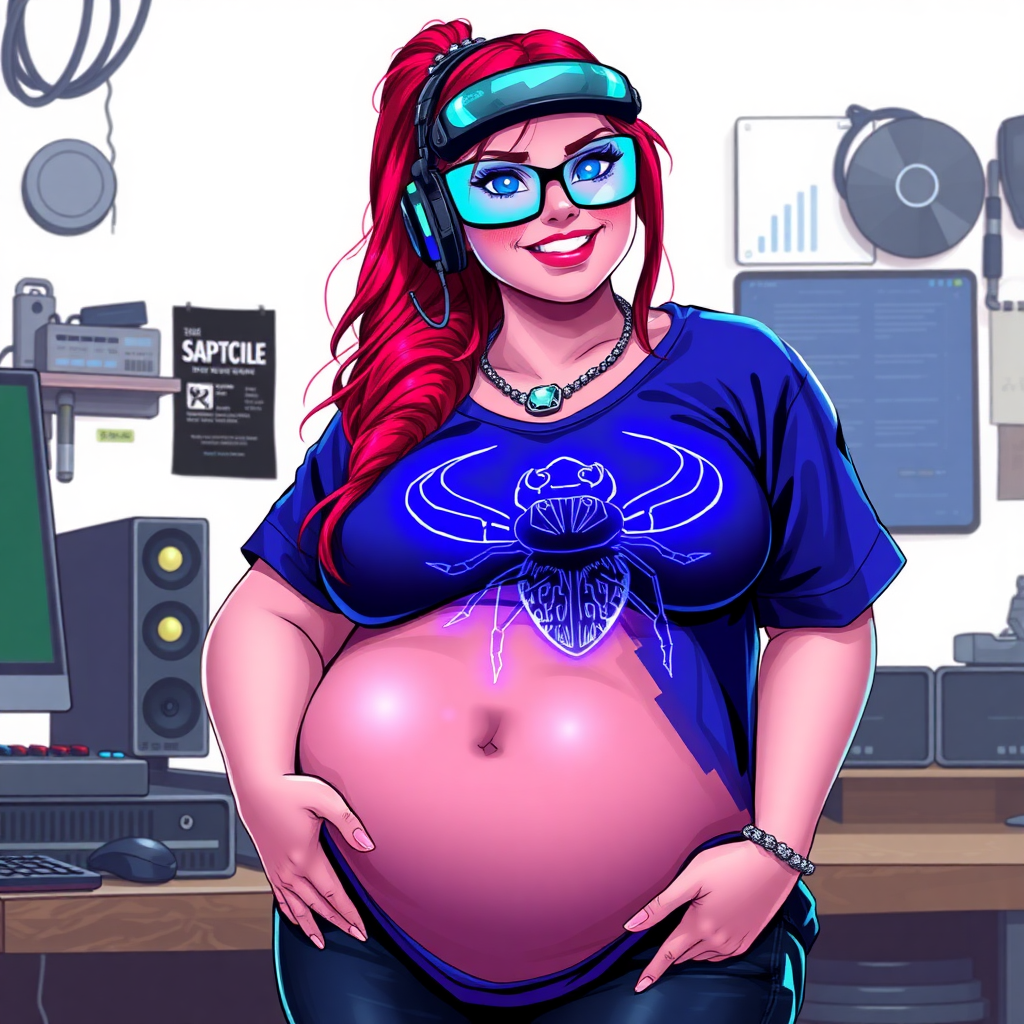 A cyberpunk vigilante’s full-figured intelligent and tech-savvy 29-year-old girlfriend, who is a computer hacker and tech genius. She has a long ruby red ponytail and bright blue eyes. She wears a sapphire beetle gemstone necklace, and an oversized maximum blue t-shirt featuring a giant neon blue glowing icon of a beetle on its chest. She has a full-figured physique with a prominently, gargantuan, well-rounded midsection, reflecting her well-cared-for lifestyle. The midsection is heavily emphasized. She sports a sapphire headset with hi-tech maximum turquoise lensed HUD visor, black eyeglasses, and a beaming smile with a passionate bright red blush. Despite her figure and a lack of self-esteem, she radiates an air of beauty. She has a slim face which contributes to her radiant beauty. She serves as his tech expert from his hideout, dutifully working at her workshop with a computer desk and tool bench. The background is solid white. She is drawn as if she was in a retro 2D cyberpunk fighting game. Ensure her shirt covers her well-rounded midsection.