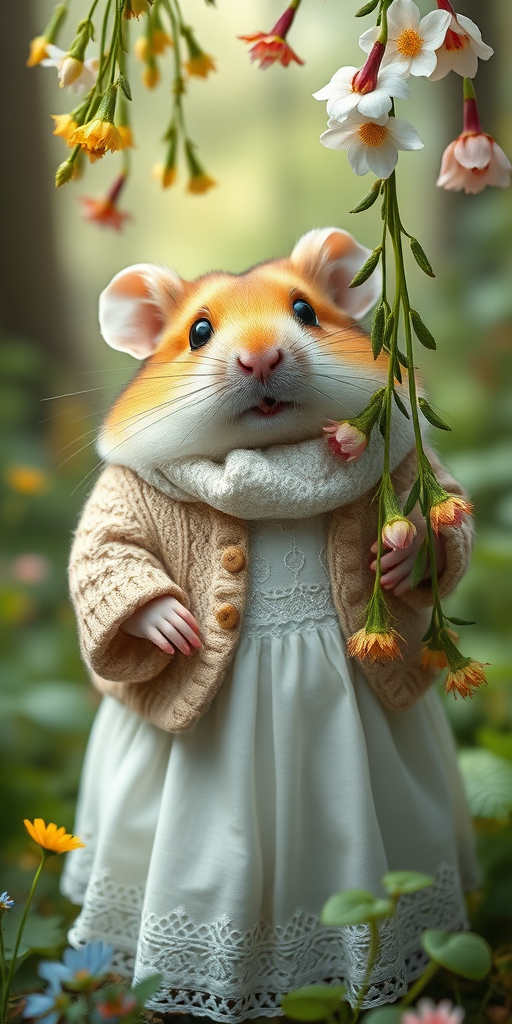 cute hamster wearing white dress with lace and embroidery, cardigan and knit scarf, hanging herbs, flowers, forest scene, in the style of photograph, mori kei, 32k uhd