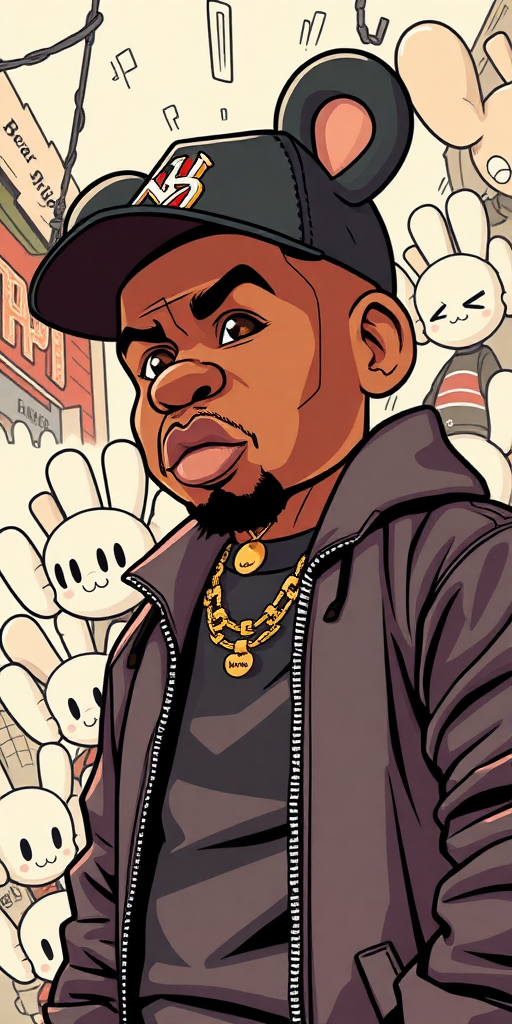 create an comic art of the rapper Chris Brown surrounded by Bearbrick and KAWS background hanoi