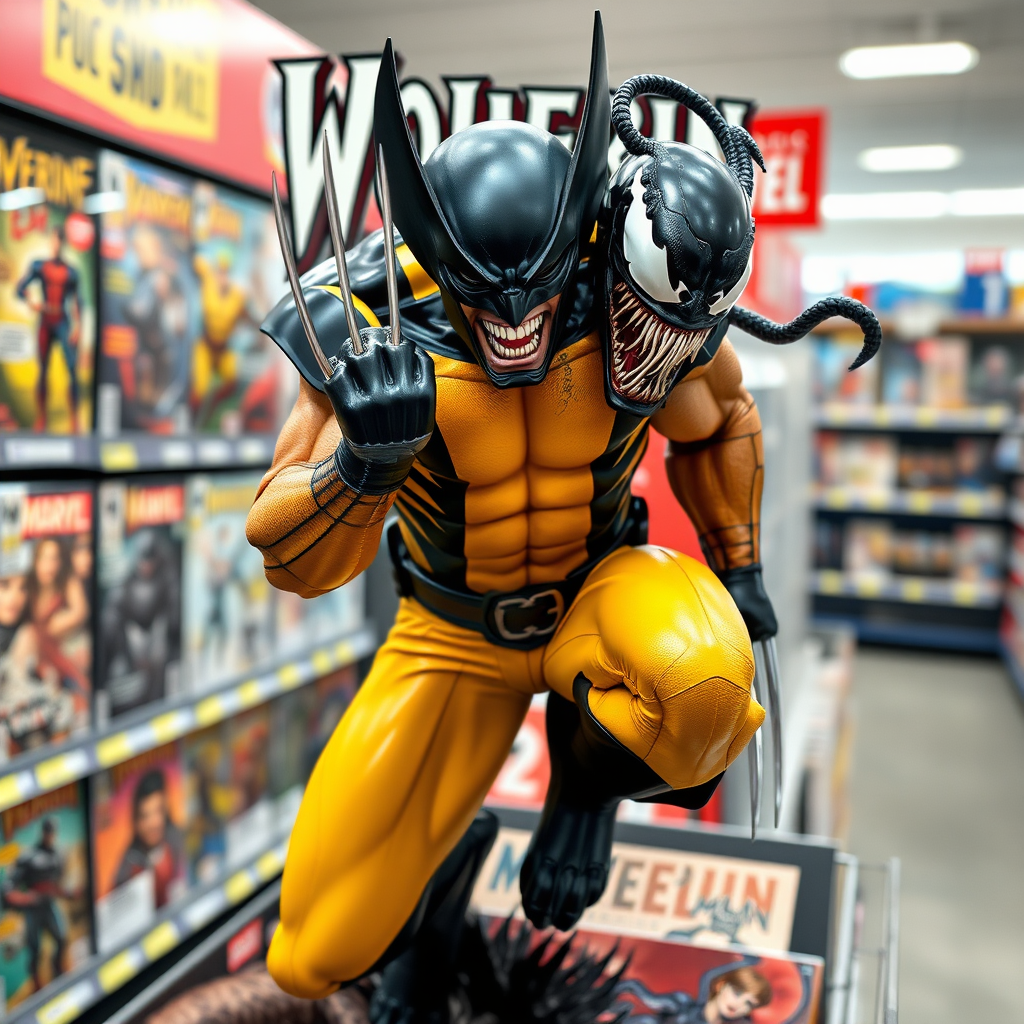 Jumping out of a comic book cover on a store shelf is Wolverine and Venom. Wolverine has his claws placed into Venom in Cinematic Real3D photo-realistic quality.