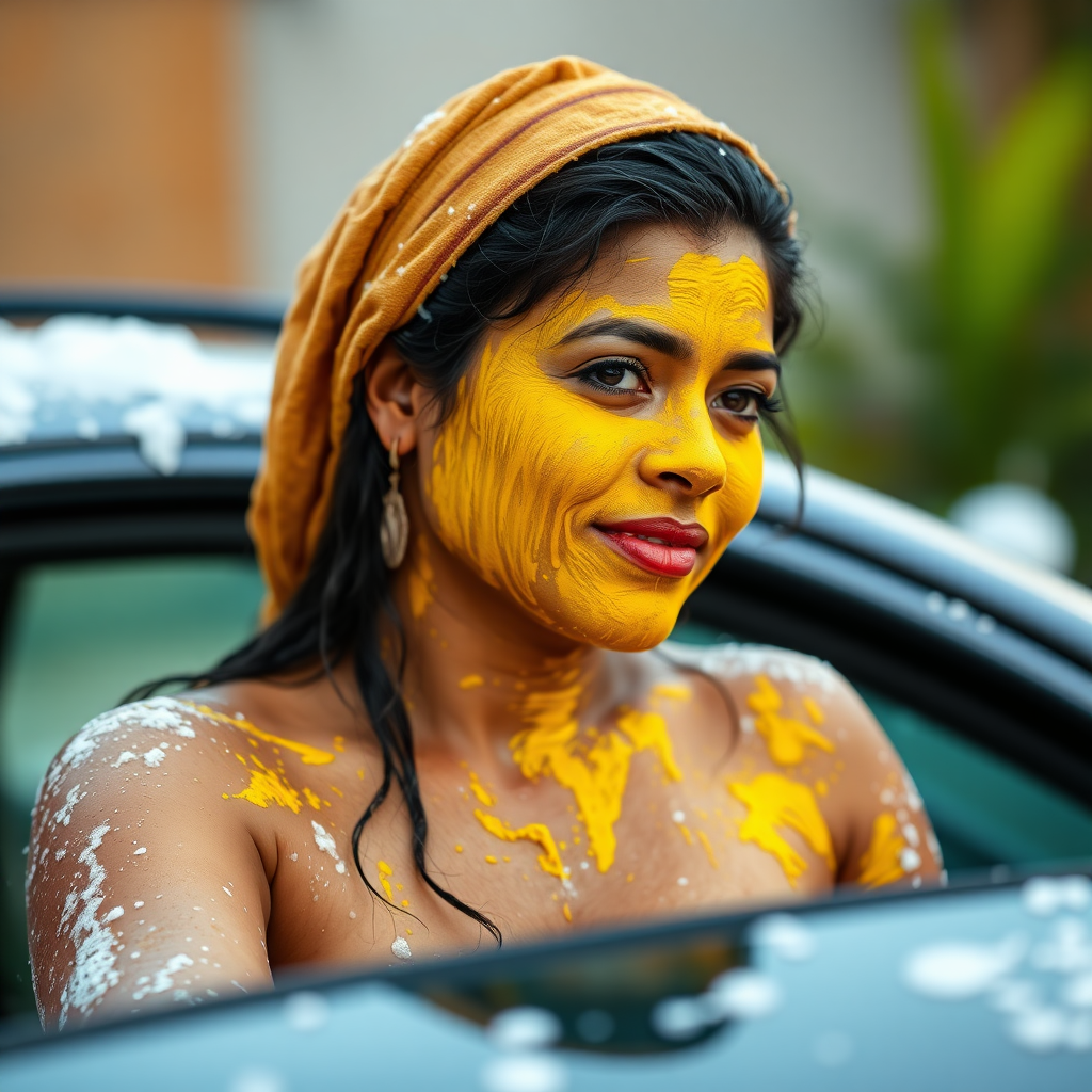 slim, curvy, 30 year old indian maid with hair covering, her face is covered with turmeric mask and body is covered with soap lather. she is washing a car