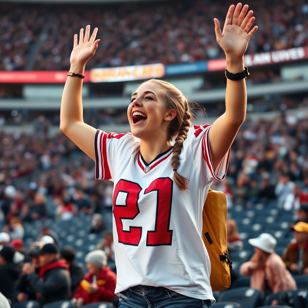 Attractive female NFL fan, pigtail hair, hollering, arms raised, jumping in the bleachers, crowded, NFL stadium