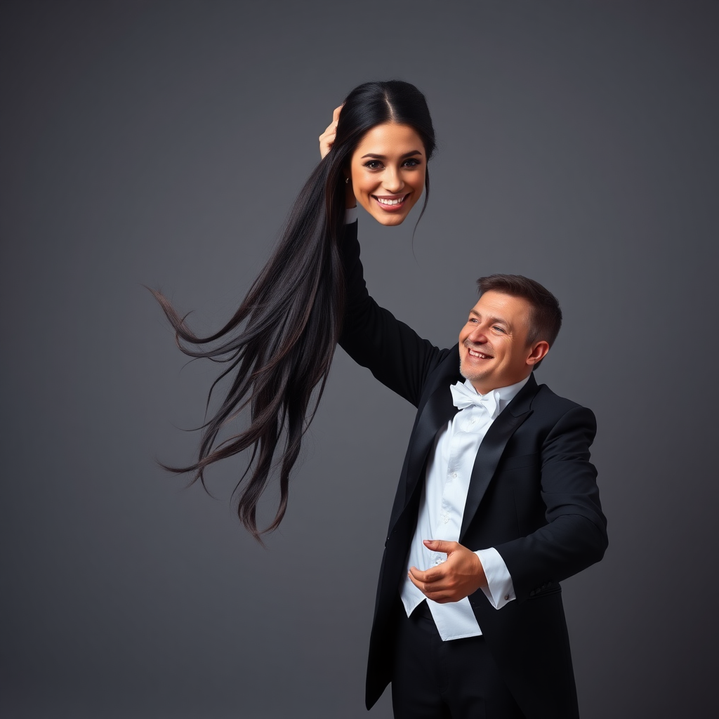 A surreal image of a smiling male magician standing to the side while holding up the disembodied head of a very long haired Meghan Markle by her hair to display it to the camera. He is grabbing her very long hair and pulling it up high in the air, while her head is hanging by her hair from his grasp. Plain gray background.