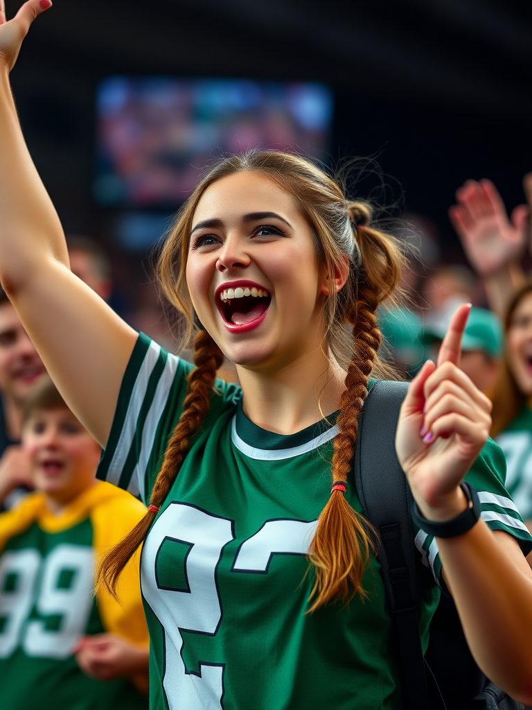 Attractive female NFL fan, pigtail hair, cheering wildly