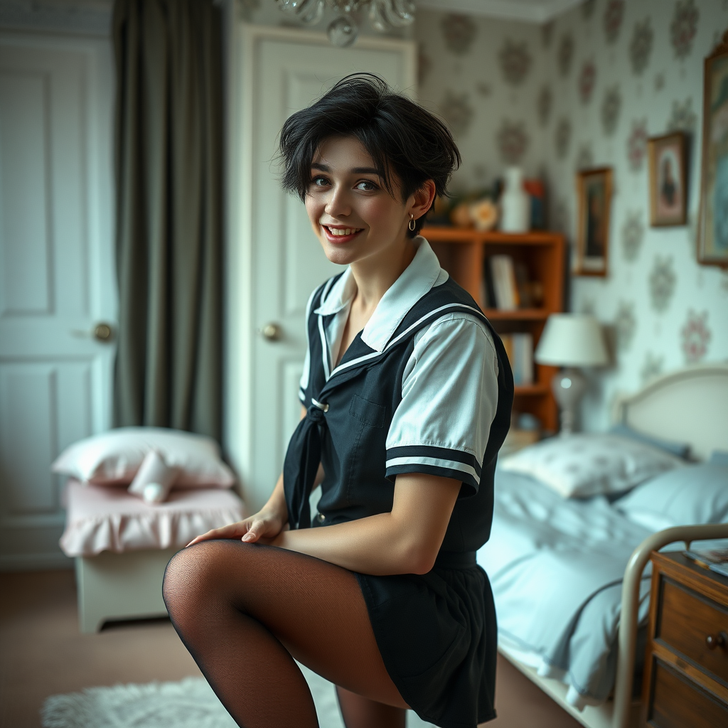 photorealistic, ultra high resolution, 16K, surreal fantasy, soft studio lighting, a pretty 16 year old goth male, slim male physique, short dark hair, goth makeup, earrings, sheer pantyhose, UK girls-school uniform, Mary-Jane shoes, in the bedroom - , excited smile, facing the camera.