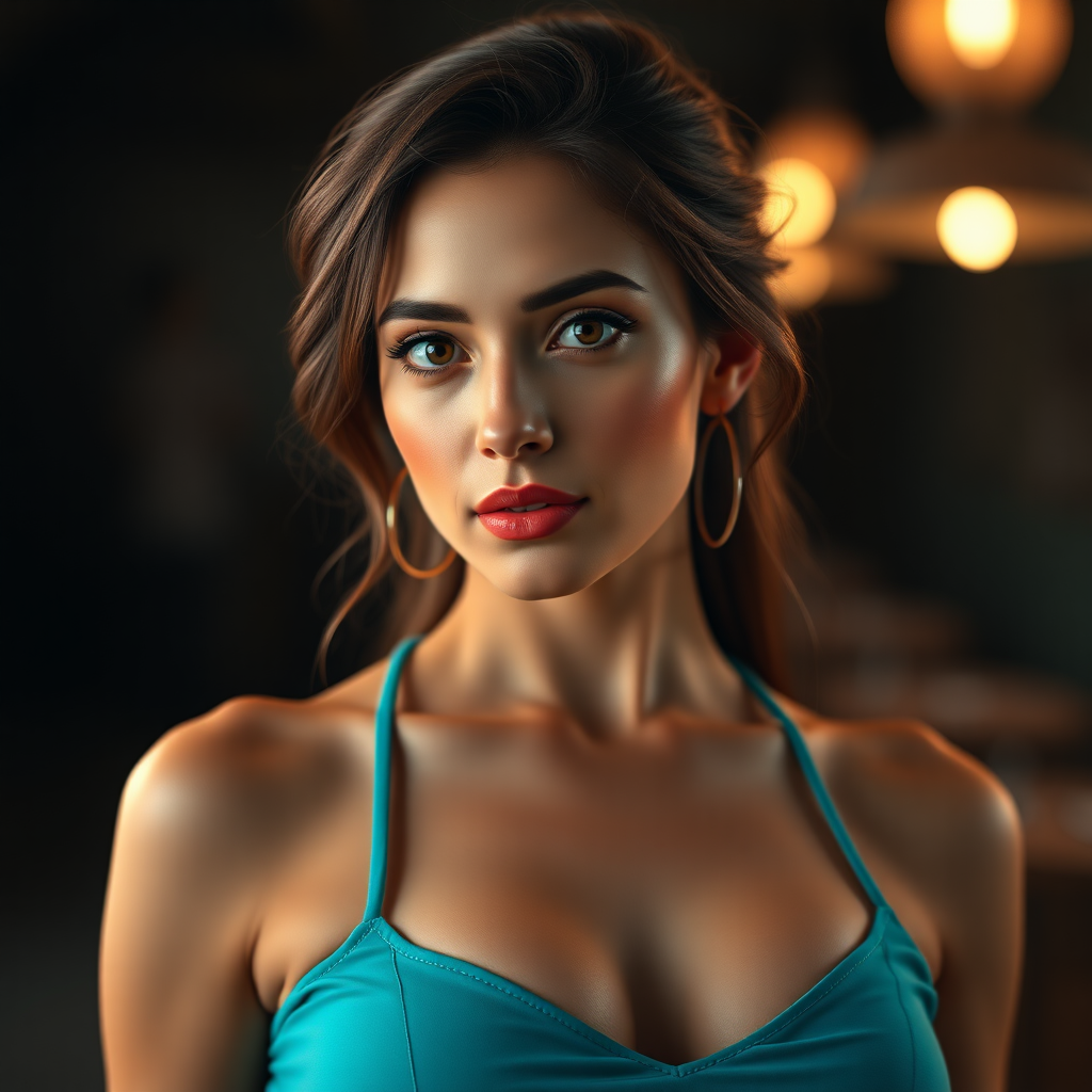 Portrait of a pretty woman in a tight turquoise dress, real, film set, 85mm lens, Cinematic, Color Grading, Editorial Photography, Photography, shot on CANON R5, 85mm lens, Photoshoot, Depth of Field, DOF, Tilt Blur, Shutter Speed 1/100, F/8, White Balance, 32k, Super-Resolution, Megapixel, ProPhoto RGB, VR, tall, epic, artgerm, alex ross, Halfrear Lighting, Backlight, Natural Lighting, Incandescent, Optical Fiber, Moody Lighting, Cinematic Lighting, Studio Lighting, Soft Lighting, Volumetric, dark Lighting, Accent Lighting, Global Illumination, Screen Space Global Illumination, Ray Tracing Global Illumination, Red Rim light, cool color grading 45%, Optics, lightroom, Scattering, Glowing, Shadows, Rough, Shimmering, Ray Tracing Reflections, Lumen Reflections, Screen Space Reflections, Diffraction Grading, Chromatic Aberration, GB Displacement, Scan Lines, Ray Traced, Ray Tracing Ambient Occlusion, Anti-Aliasing, FKAA, TXAA, RTX, SSAO, Shaders, OpenGL-Shaders, GLSL-Shaders, Post Processing, Post-Production, Cel Shading, Tone Mapping, CGI, VFX, SFX, insanely detailed and intricate, hypermaximalist, elegant, hyper realistic, super detailed, dynamic pose, centered, photography, ultra hd --ar 2:3 --v 4