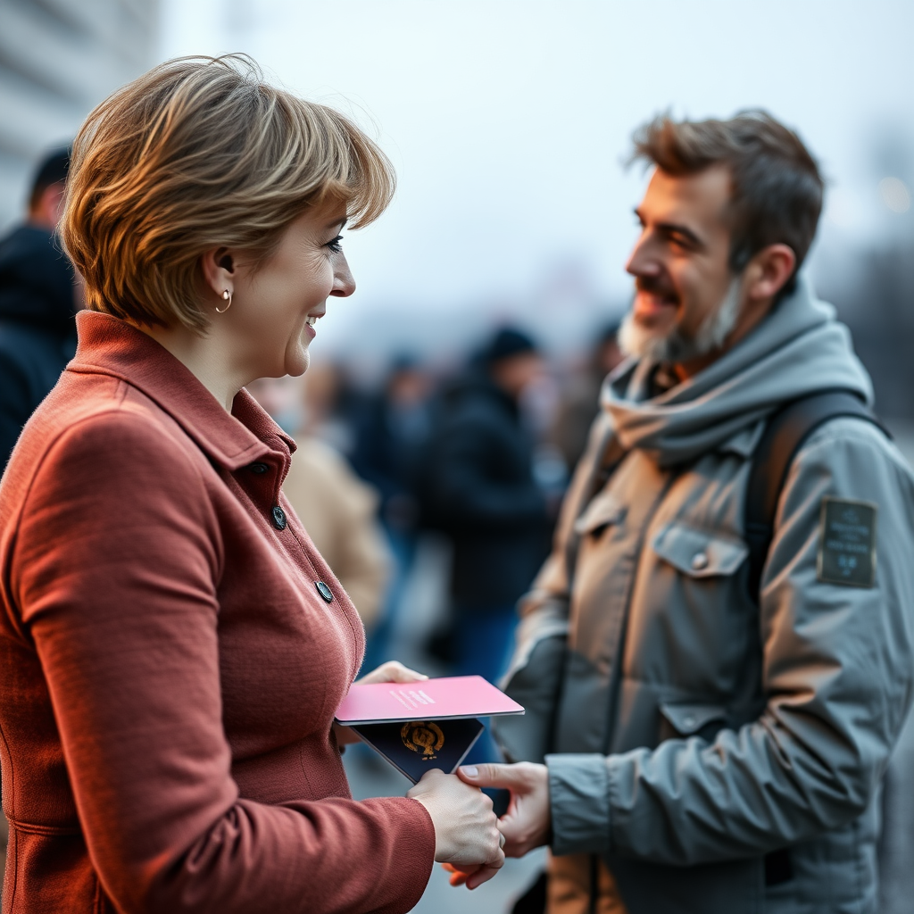 German Woman giving a German Passport to a Syrian Refugee