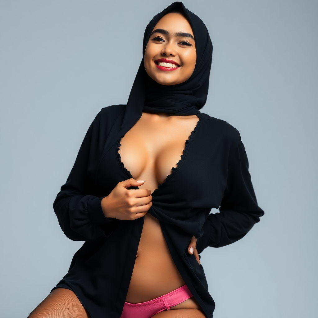 high contrast, and vibrant colors, random hijab woman, smiling sweetly seductively, posing like a model, top torn with big holes showing through chest without underwear, wearing thin transparent pantyhose, photography, high details, Indonesian skins his face like Asmirandah Indonesian actress