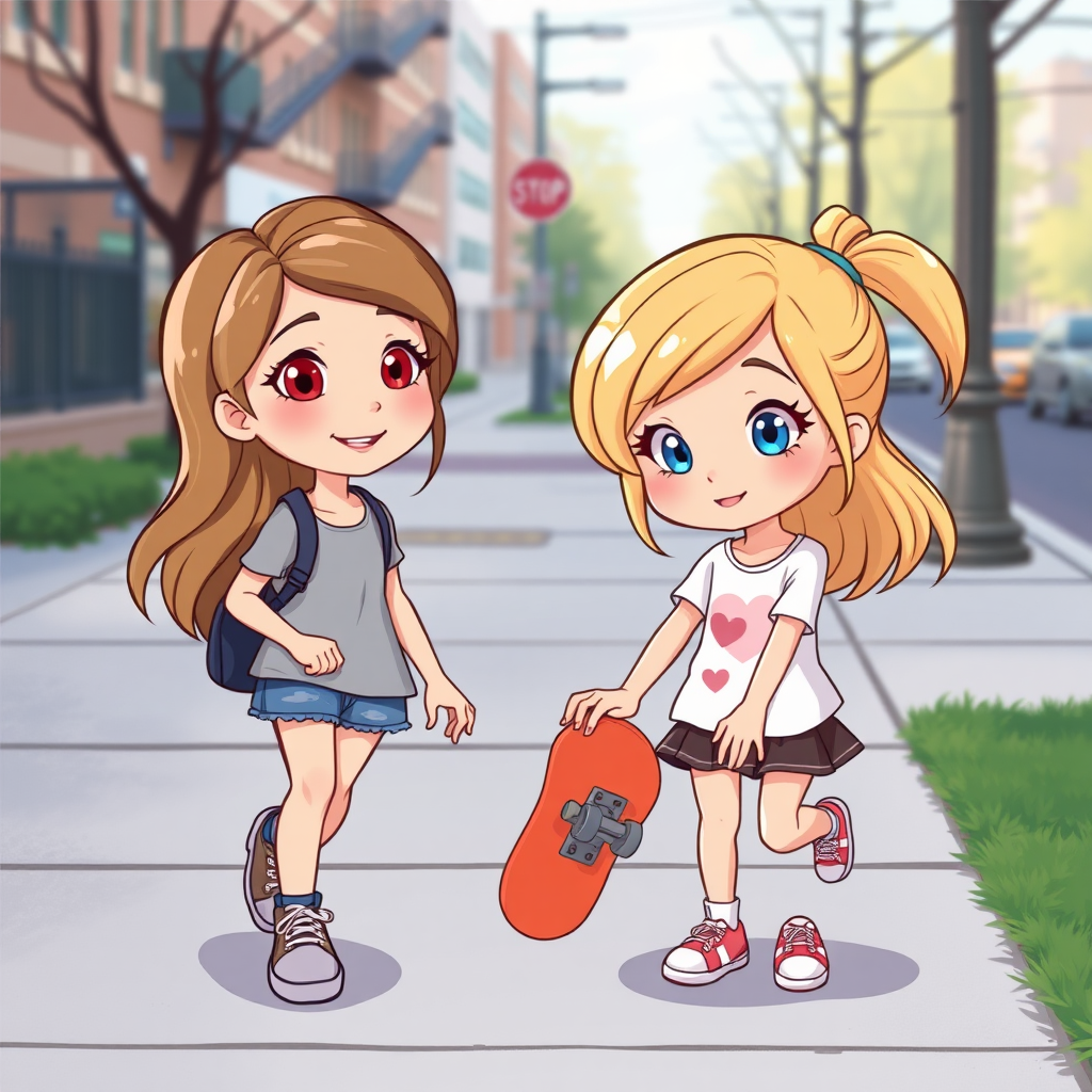 Two cartoon sisters, one a teen with light brown hair and hazel eyes and the other an elementary-aged kid with blonde hair and blue eyes, playing with a skateboard on a sidewalk.