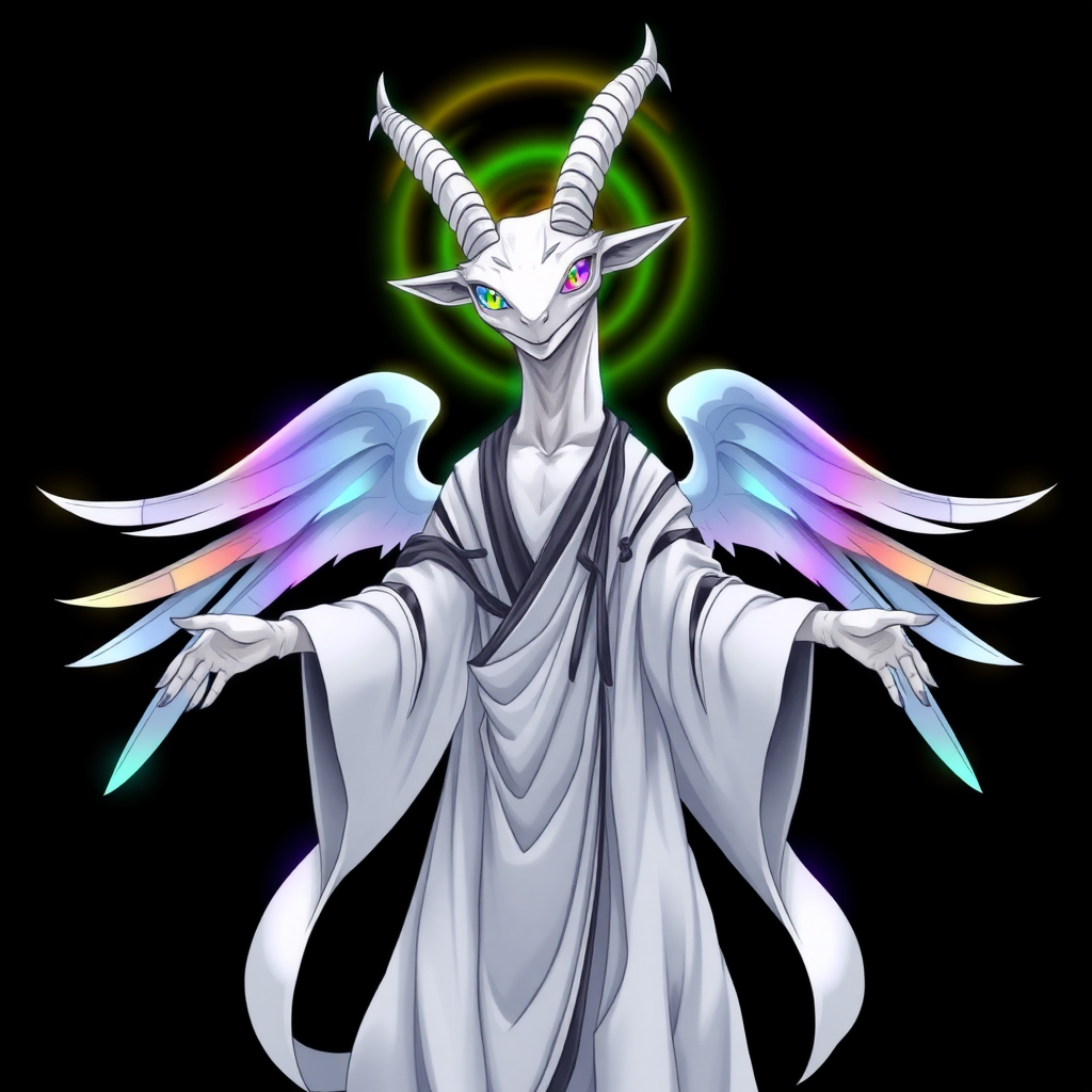 (Anime Styled Art) Against a deep black background, a tall, white reptilian humanoid resembling a goat stands gracefully. Its striking rainbow eyes glimmer with intensity, complemented by two elegant white horns that curve upwards. Clad in flowing white-black robes, the figure is enveloped in a chaotic rainbow aura that radiates vibrantly around its entire body. With arms extended outward, it showcases three ethereal angel wings that add an air of divine mystique.