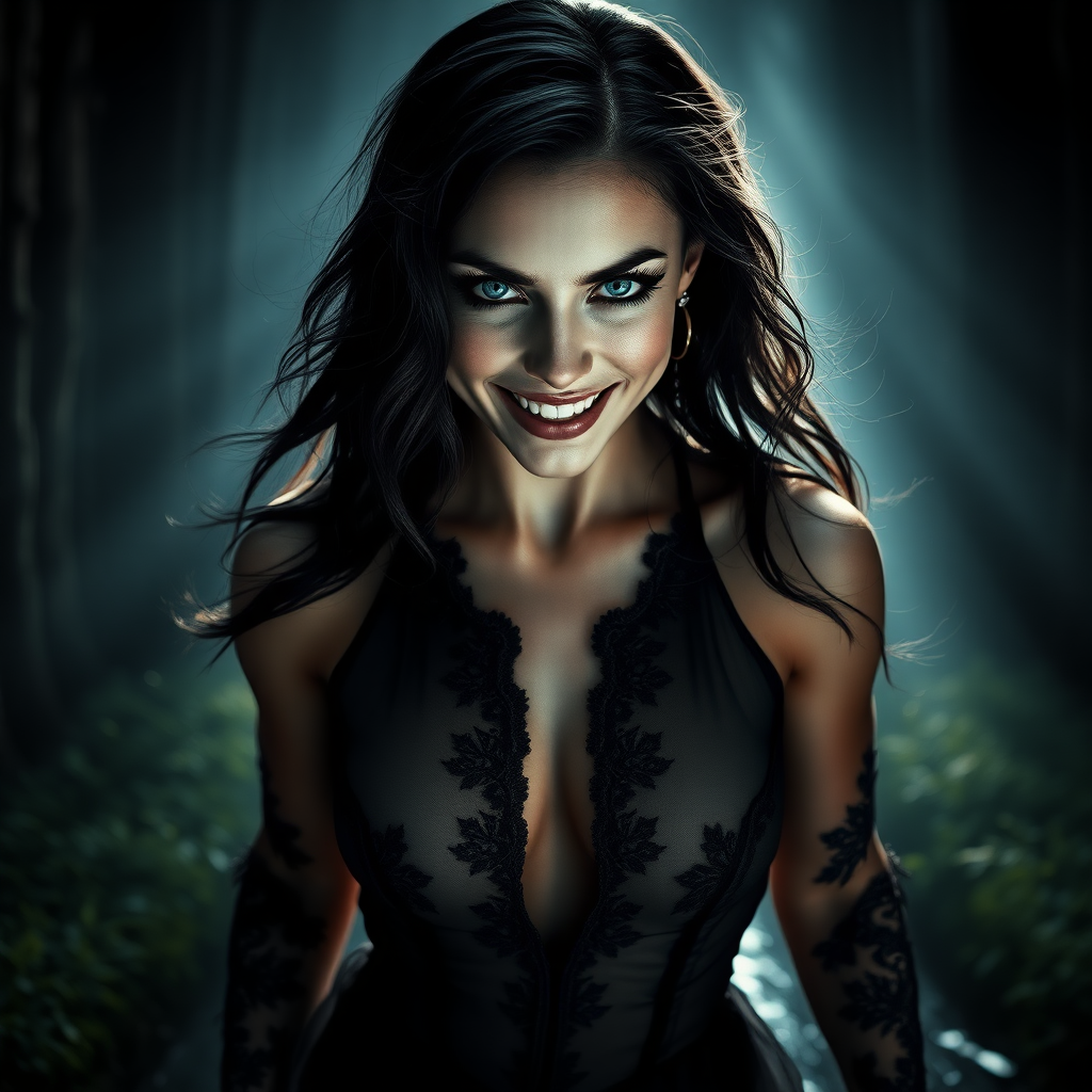 Enigmatically alluring inviting and scary looking smile full of invitation. Running through secretive place, a small pond with God rays of light shining on her face in a glade in a tall magical forest where she lives, ready for an unencumbered swim.

The image presents Beautiful Hell standing with a powerful and commanding presence. She is a hyper photo realistic woman, visibly sweating, exuding menace, sensuality and beauty. The background is dark and mysterious, enhancing her enigmatic presence and adding depth to the image.

Hair: Her dark raven-black hair cascades down in soft, wavy strands often caught in a breeze, contrasting sharply against her pale, flawless unblemished skin.

Face and Eyes: A strikingly beautiful face with fine unbroken porcelain white skin and smooth and defined features. Her mouth slightly open with an enigmatic smile, her eyes a piercing blue intensely detailed and bright, are intense and captivating, capable of drawing in and intimidating anyone who meets her gaze. Her eyes with a need of ownership of the viewer are framed by long, dark lashes, adding to their dramatic effect. Her expression is both alluring and menacing, reflecting her dual nature.

Emotional and Visual Impact: The image evokes a sense of awe and admiration for Beautiful Hell’s beauty, body, and intricacy. The combination of sheer fabric, deep plunge line, and delicate lace creates a balance between elegance and allure, making her both captivating and alluring and intimidating. The visual intensity of the image is heightened by the dark, mysterious background, which adds to her enigmatic presence. The overall emotional response is a mix of admiration for her beauty and a subtle sense of fear or respect for her bold and daring and attention demanding design and physical attraction to her. Her demeanor and physical exposure are outrageously bold, giving her an openly gleeful and ecstatic smile reflected in her brilliant blue eyes, and inviting anyone to oppose her.

Dress Design and Features: Plunge Line: The dress features a deep and wide plunge line that extends to just below her belly button, revealing the smooth skin of her torso and her belly button emphasizing the dress's allure and Beautiful Hell's alluring natural sexuality.

The dark, remarkably fine fabric of the dress clings closely to her figure, accentuating her curves and emphasizing her feminine form.