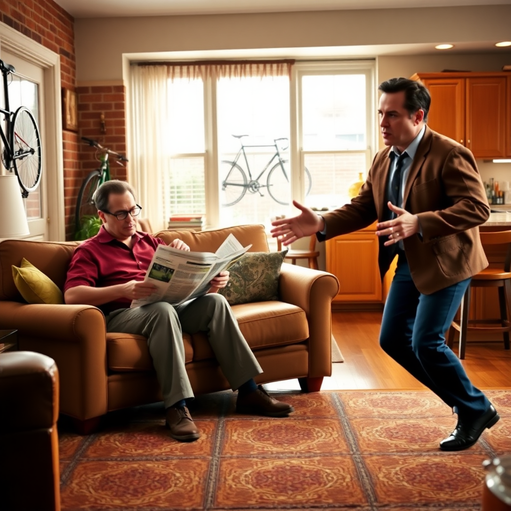 A brightly lit living room with a couch in the center. Jerry Seinfeld sits on the couch, reading a newspaper with a slightly amused expression. George Costanza paces nervously in front of him, gesturing with his hands as he talks.

Additional details you can add to enhance the image:

Setting: Make it clear it's Jerry's iconic apartment with familiar elements like the brick wall, the bike on the wall, and the kitchen counter in the background.
Character expressions: Emphasize George's anxiety and Jerry's lightheartedness.
Lighting: Use warm lighting to create a cozy atmosphere, contrasting with George's agitated state.
Composition: Use a slightly wide shot to capture both characters and the setting, with a focus on their interaction.