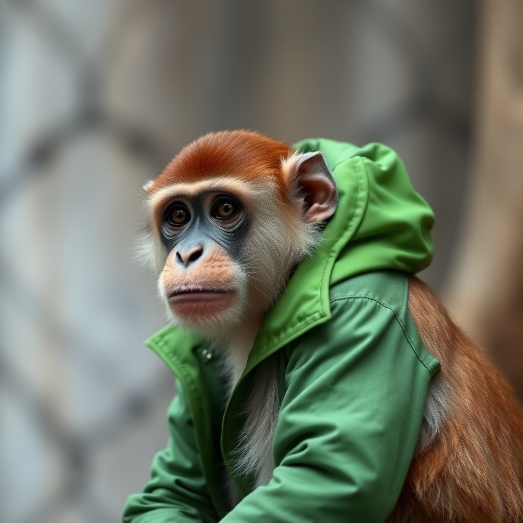 A monkey with a green jacket.