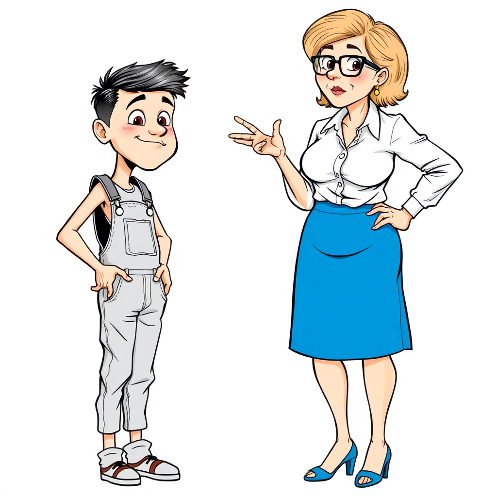 20 year old european skinny boy wearing work overalls is blushing excited while lectured by a towering 55 Years old, slim, European, Latina, sharp aquiline nose, wrinkles, high cheekbones, Middle Eastern, Skinny, Tanned skin, Dark light skin, Rounded Medium breasts, Skinny thighs, full Makeup, jewelry, Serious face, Sharp nose, Ash hair, short bowl haircut, Brown eye color, Glasses, with detailed features. Hands on hips, She is bent over the boy, she is wearing a white shirt and a blue skirt, detailed fabric.  full body, high heels sandals, long establishing shot, 2D, caricature, cartoon, Sketch lines, coloring book, black and white, coloring book style on white background, well composed, clean coloring book page, No dither, no gradient, strong outline, No fill, No solids, vector illustration