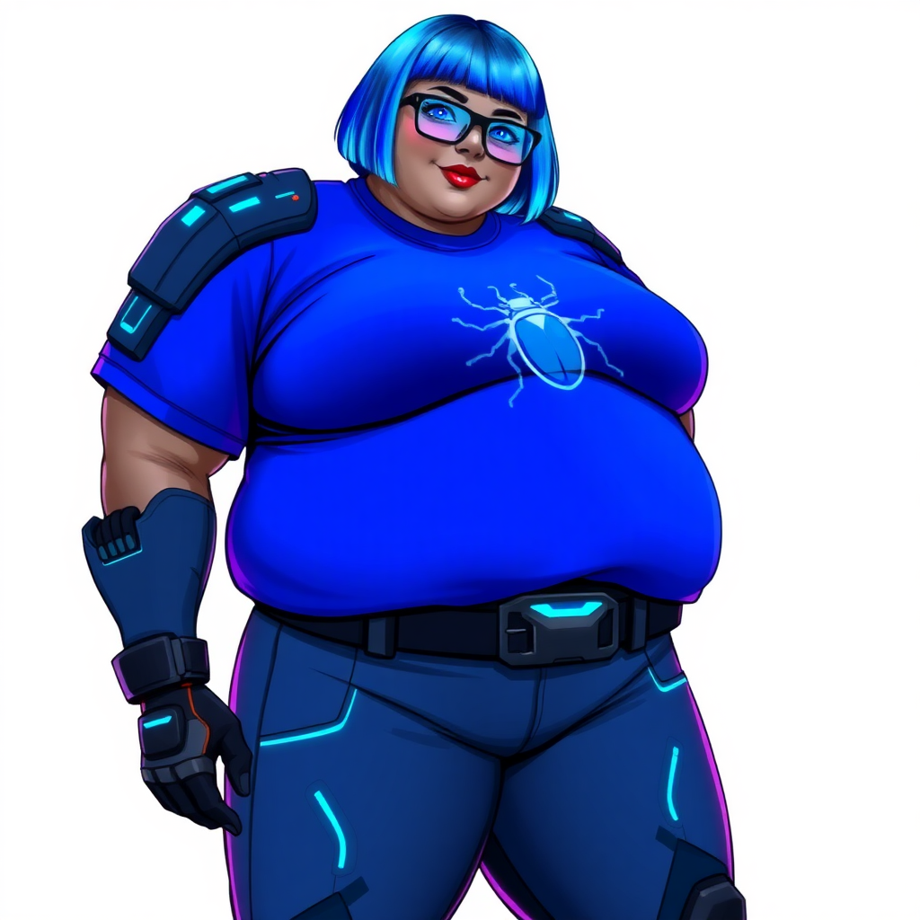 A 28-year-old, full-figured, metallic middle gray skinned computer program hybrid with a vibrant maximum blue bob cut. She has a non-athletic build, highlighted by a prominent, round, large midsection (fully emphasizing her round large belly) while being covered by her large t-shirt, reflecting her new junk food eating habits influenced by her boyfriend. As the full-figured, nerdy, digital sidekick to her cyberpunk vigilante boyfriend, her middle gray metallic skin and maximum blue lipstick underscore her digital essence. She dons a digital, computerized outfit: a large, tight-fitting, high-tech, maximum blue t-shirt with neon blue glowing beetle themed accents complete by a giant neon blue glowing beetle icon on the chest, hi-tech shoulder pads with neon blue accents, a black hi-tech belt with a digital sapphire beetle buckle, digital maximum blue pants with neon blue accents, and black hi-tech gloves with neon blue glowing accents. Her neon blue glowing eyes, black eyeglasses with neon blue lenses equipped with a built-in HUD, and shy smile with neon red blush highlight her nerdiness. She stands bashfully with one hand behind her back and the other gently touching her cheek, her outfit covering all her bare skin and fully emphasizing her full-figured physique (especially her large belly). She is clearly non-athletic, with a full focus on her full-figured physique (with full emphasis on her round large belly). Despite her build, she radiates beauty. Her slim face contrasts with her physique, accentuating her radiant beauty. She is set against a solid white background. She is drawn as if she were in a retro 2D cyberpunk fighting game.