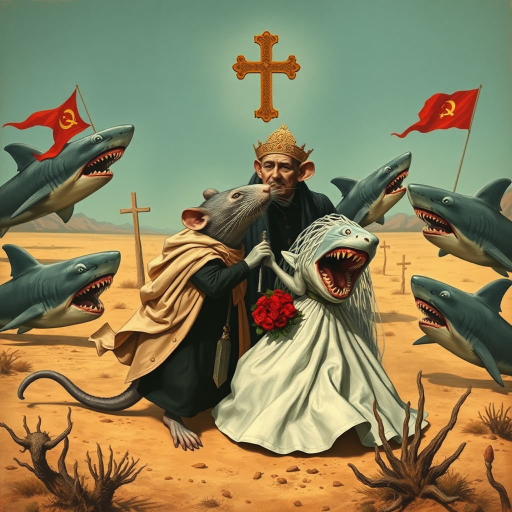 A rat wedding being attacked by sharks, Catholic, Soviet propaganda poster, steam punk, no text, Lovecraftian, in the desert