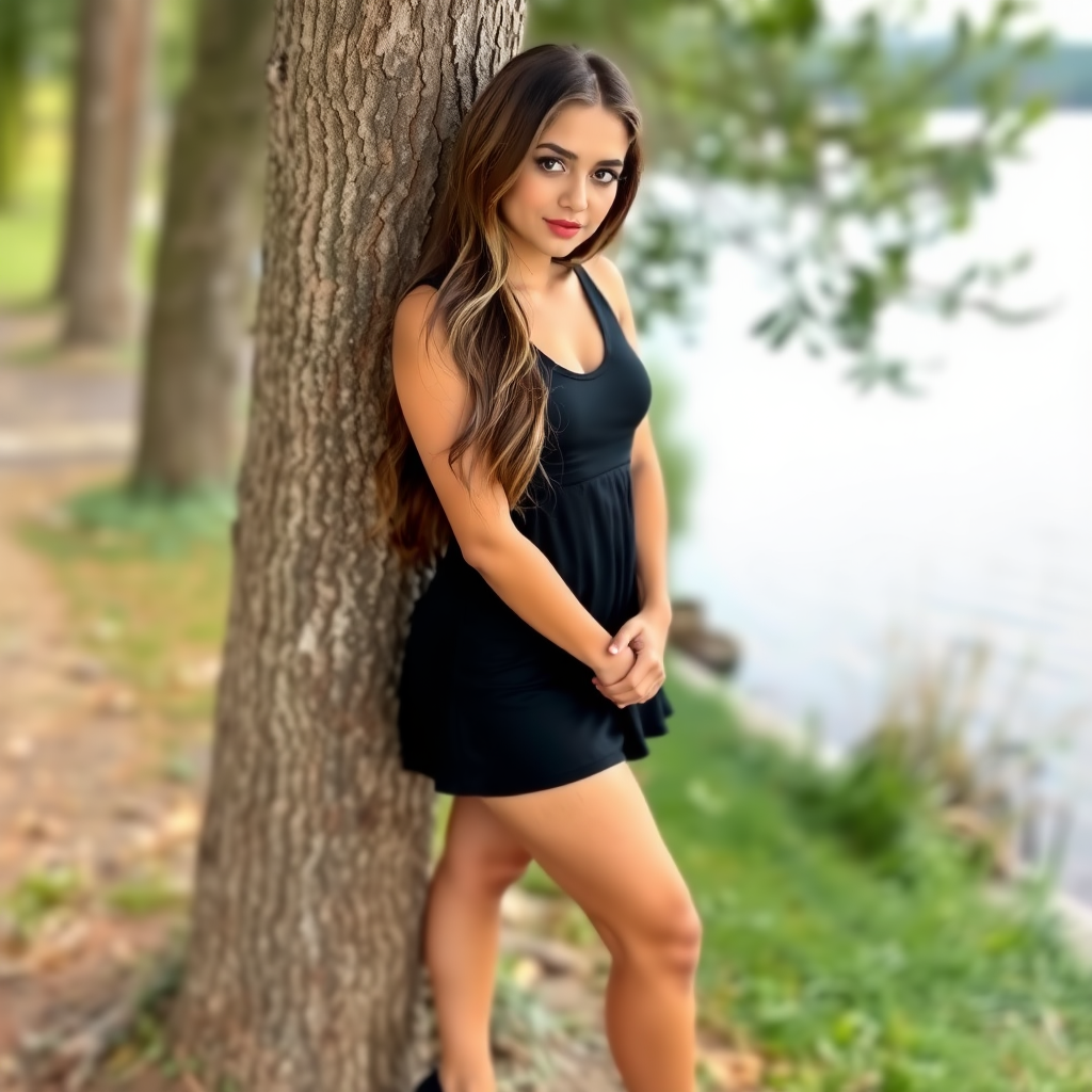 a young woman. long brunette hair with highlights, dark brown eyes. suntanned skin. small lips with lipgloss. wearing a short black dress and black high heels. standing at a tree with crossed legs. interested look. standing next to a lake. sweet look. photo