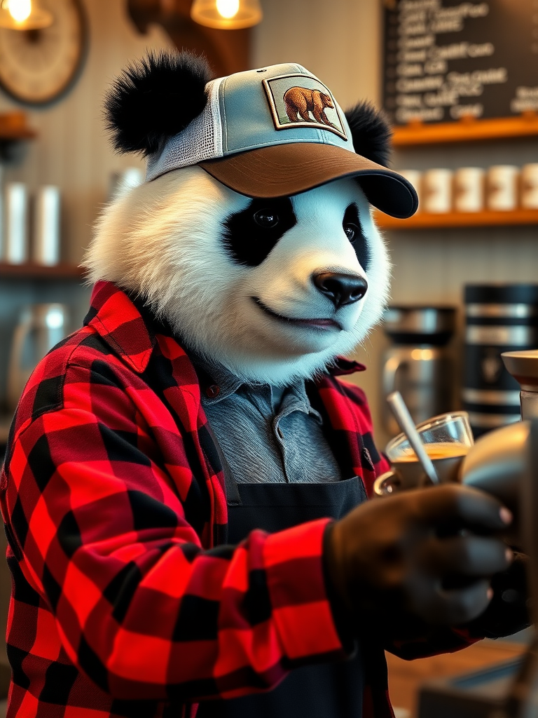 A panda bear working as a barista making coffee at an italian style coffee shop. The panda bear is wearing a red and black flannel shirt with the arms turned up. The panda bear is also wearing a trucker style cap, on the cap a small picture of a brown bear is visible.