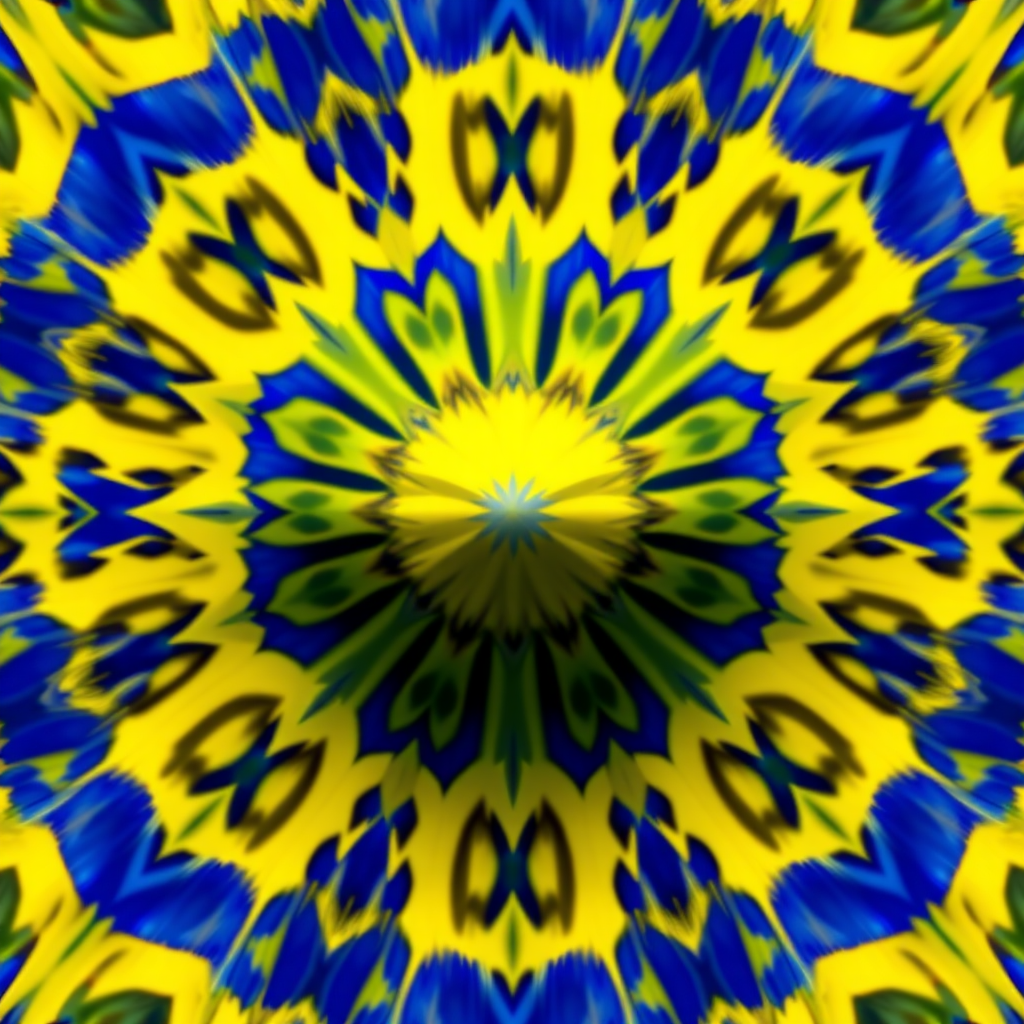 a blue and yellow pattern forming into a flower