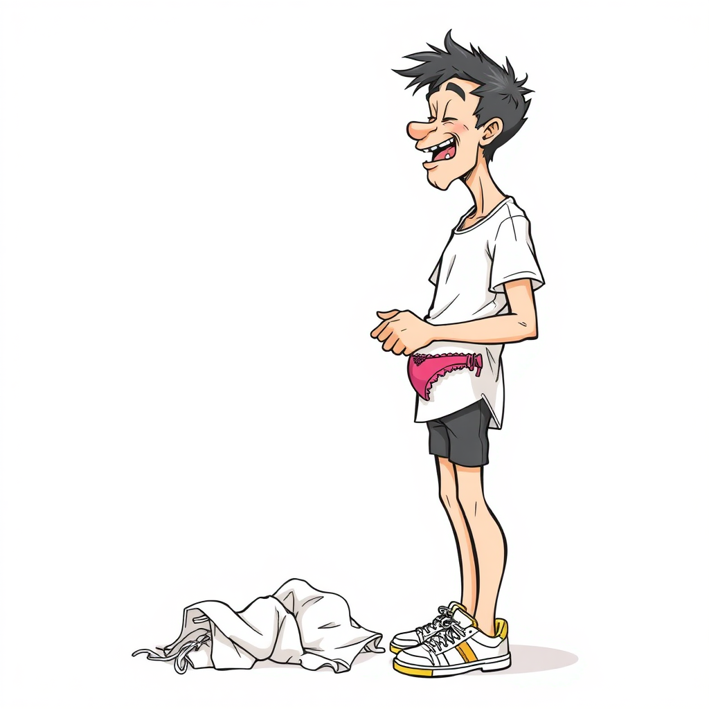 nervous short 20 year old european skinny man, short white t-shirt, standing, stunned, mesmerized, joyful, aroused, heavy drooling, heavy sweating, fumbling through a small heap of sexy woman lingerie, detailed fabric, side view, sneakers, detailed feet, 2D, caricature, cartoon, Sketch lines, coloring book, coloring book