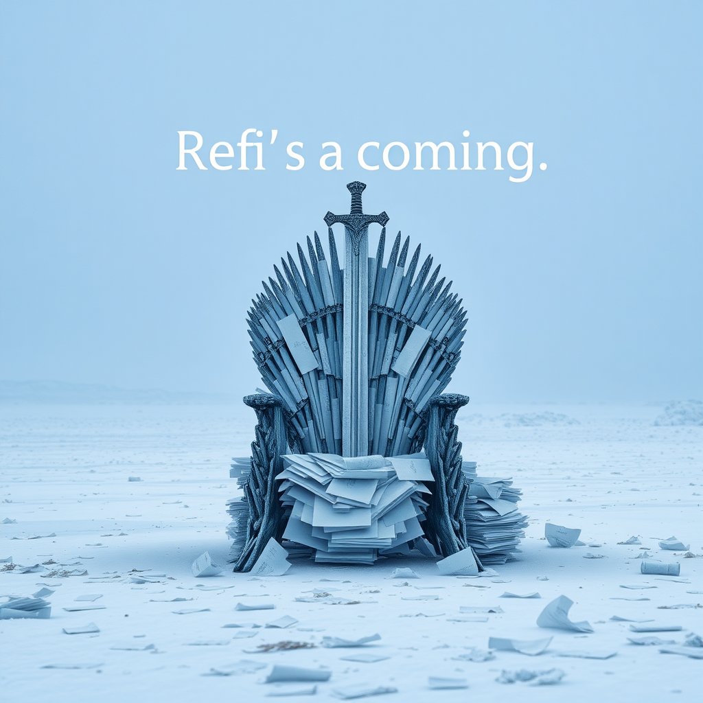 A legendary movie scene in Antarctica depicting the game of thrones sword chair made out of stacks of paper. The text in the background says “Refi’s are coming.” Epic theme and high quality cinematic elements. No animals or people. Winter storm, epic legendary shot. Stunning visuals. Papers are scattered across the frozen ground.