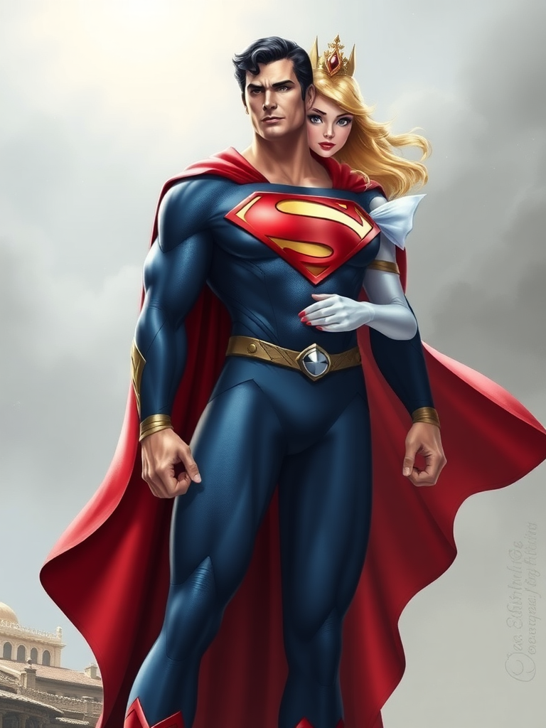 Generate a full-length image of Superman incorporating the body traits of Princess Aurora. Retain his core costume but incorporate embellishments and elements from Aurora's attire. The background should be a setting appropriate for both characters.