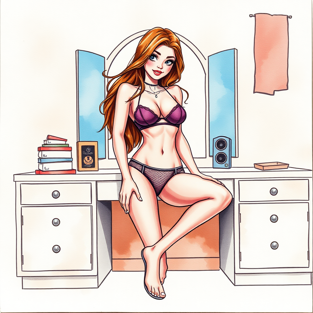 old polaroid photo of digital watercolor painting illustration with realistic paper texture, depicting western cartoon style sexy cartoon girl in revealing micro mesh bikini gstring thong sitting on built in vanity with her legs open