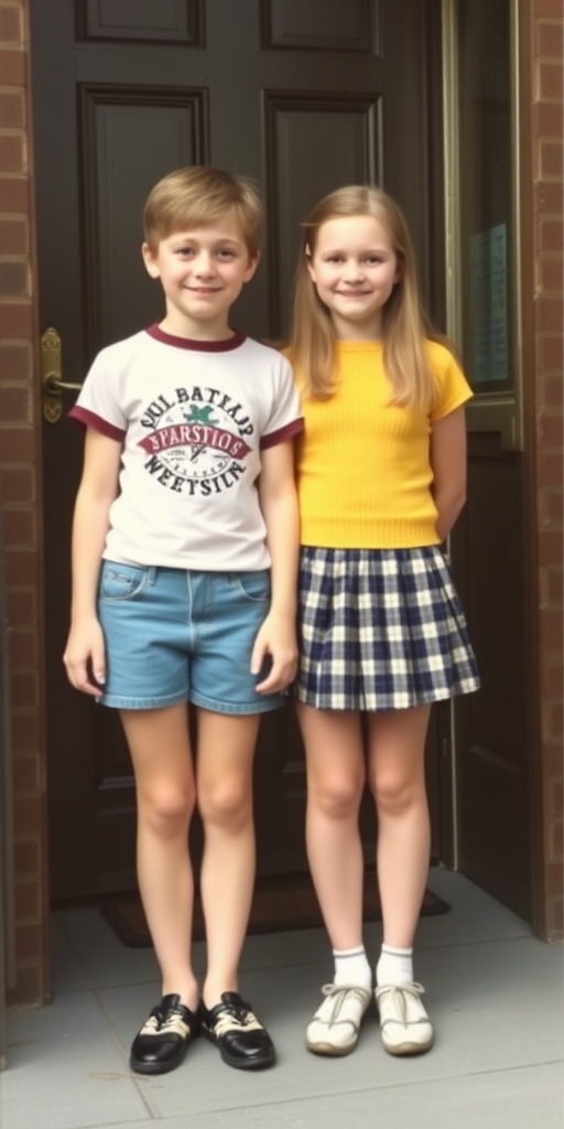 A realistic photo of a 14yo teen boy and girl. British. Long legs. Full length view. Vintage photo, 1980s.