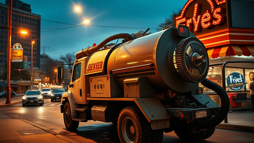 High-resolution photorealistic cinematic image of a sewer cleaning truck actively extracting waste from the deep fryer of a popular roadside restaurant. The composition includes dramatic lighting with lens flares from streetlights and the restaurant's signage. Detailed textures of the vehicle, hoses, and fryer are captured with sharp clarity. The background features an urban landscape with blurred motion of passing cars and pedestrians, adding depth and dynamism to the scene. Emphasis on realistic colors, shadows, and intricate mechanical details.