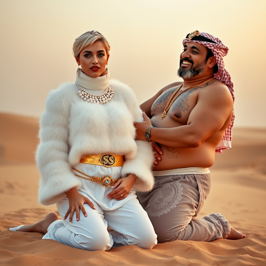 Kuwait desert dunes misty dawn: Melissa, European 17 years old very convincing femboy “trophy-bimbo”, tamed servile docile, very beautiful feminine flawless face, rather short boyish figure, platinum blond short tight curls, bold red lips, heavily made-up face, wearing Supertanya-style fluffy very fuzzy bright white angora turtleneck-poncho cropped ending under bust decorated with pearls and gemstones, striking oriental wide gold bridal protection belt, white fully transparent harem pants, full Oriental bridal jewelry with striking headpiece, full Oriental face-jewelry, striking diamond “$$$” letter brooch on left chest, pout frustrated, hands tied behind back, kneeling in sand with older overweight mighty sheik laughing, devotedly embracing Melissa.