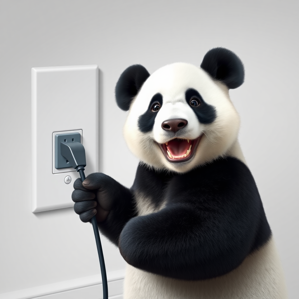 A photo realistic picture of a panda plugging a power cord into a wall outlet, looking at the photographer and smiling.