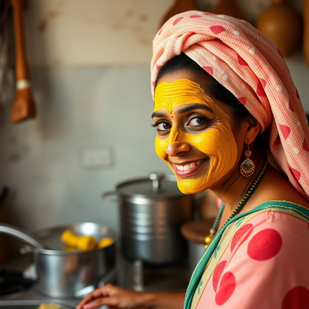 slim, 30 year old, traditional, indian wife, towel head, turmeric face mask, cooking food in kitchen