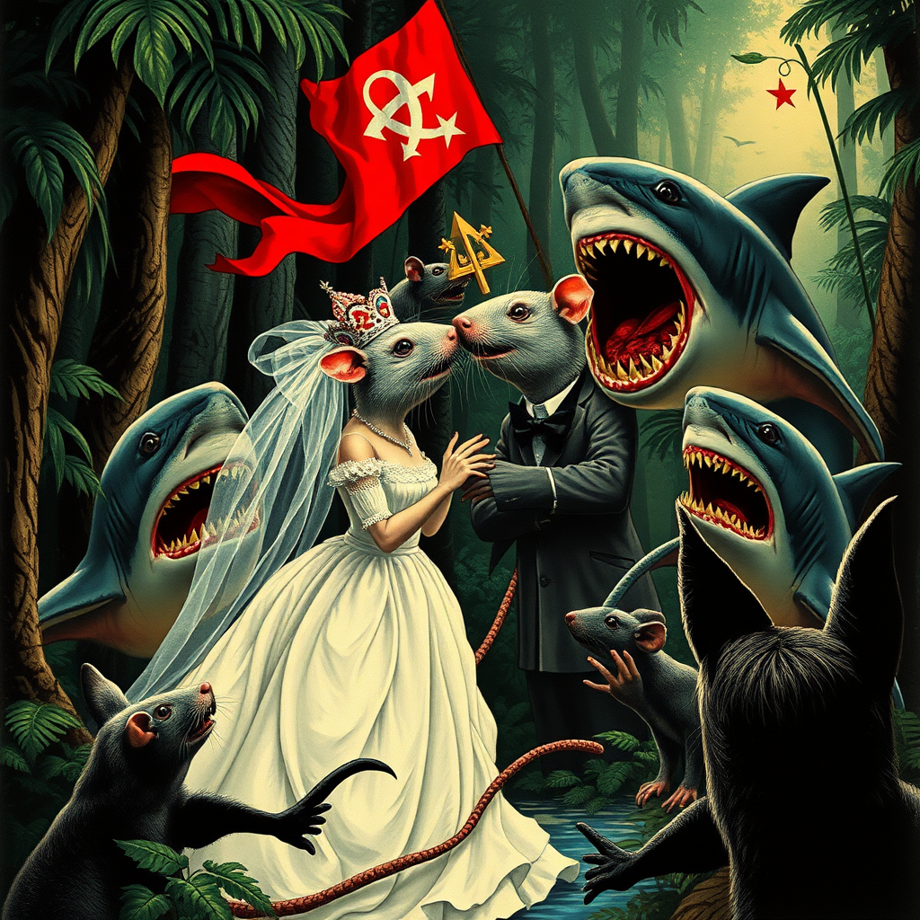 A rat wedding being attacked by sharks, Catholic, Soviet propaganda poster, no text, Lovecraftian, in the rainforest