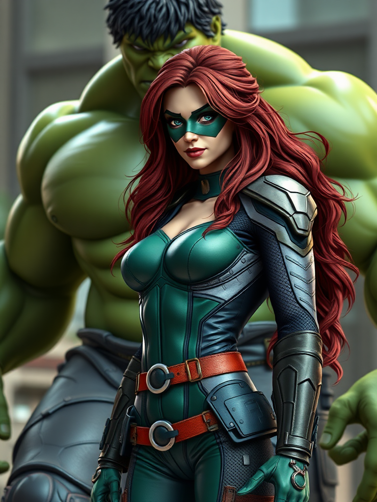 Generate a full-length, hyper-realistic image of Rogue from Marvel Comics. She should have the body type of The Hulk, with her head remaining unchanged. Modify her body traits to reflect the Hulk's physiology. Set the scene in an environment appropriate for both characters.