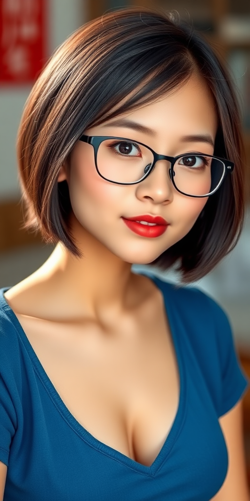 A beautiful Chinese girl, short hair, wearing glasses, slightly plump, curvy figure, small chest, in blue clothes.