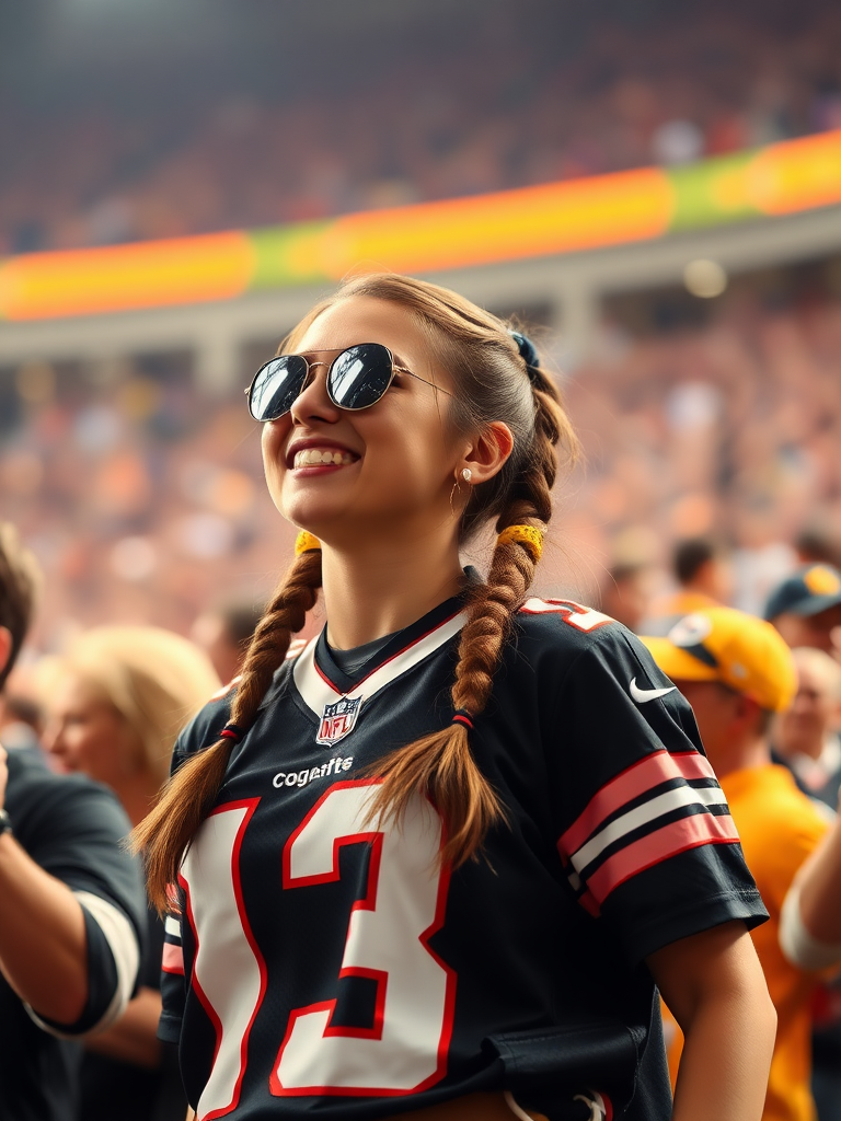 Hot female NFL fan, pigtail hair, jersey, cheering, inside the crowd