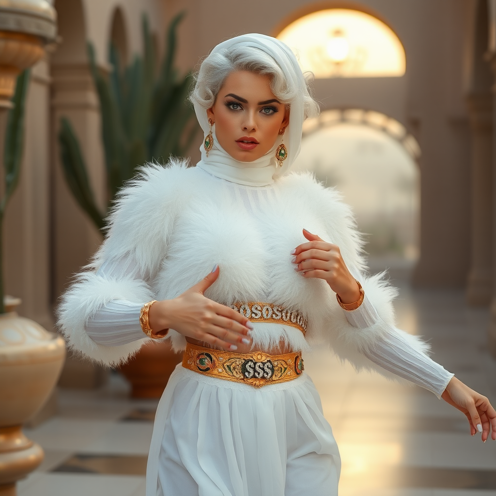 Kuwait desert palace harem patio misty dawn: Melissa, European 17 years old very convincing femboy “trophy-bimbo”, tamed servile docile, very beautiful feminine flawless face, rather short, by hormones very curvaceous womanly figured, platinum blond short tight curls, heavily made-up eyes, wearing Supertanya-style fluffy very fuzzy bright white angora turtleneck-poncho cropped ending under bust decorated with pearls and gemstones, striking oriental wide gold bridal protection belt, white fully transparent harem pants, full Oriental bridal jewelry, face covered by white sheer full Burka, coin anklets, striking diamond “$$$” letter brooch on left chest, pout frustrated, seductively dancing for the sheik, looking at camera. Focus on face and turtleneck-poncho.