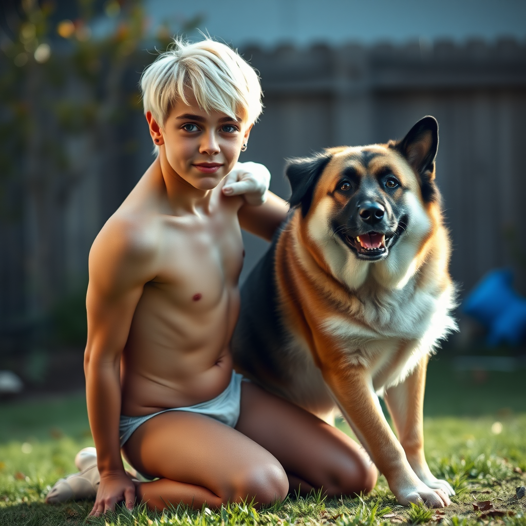 photorealistic, ultra high resolution, 16K, surreal fantasy, studio lighting, a pretty 16 year old goth male, slim male physique, short blonde hair, goth makeup, earrings, pantyhose, white ballet shoes, playing with his large dog in the yard - he is kneeling forward, while the dog stands up behind him and rests its paws on the boys shoulders, excited smile, facing the camera.