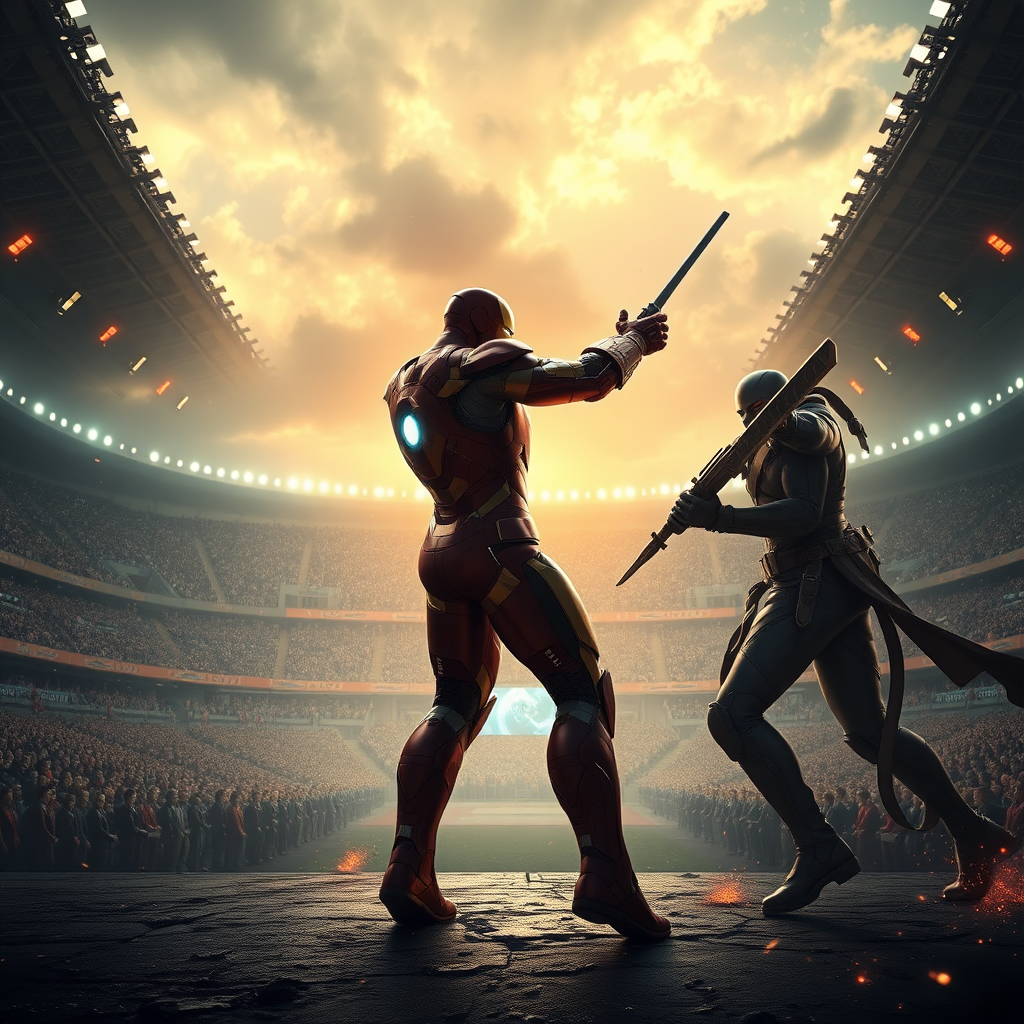 In the center of a vast stadium, Iron Man faces off in a fierce battle with Deathstroke. The 3D rendered image is stunningly photorealistic, every detail brought vividly to life. A magical, ethereal glow surrounds the scene, casting intricate dramatic shadows on the combatants beneath a stormy sky. The impeccable quality of the rendering immerses viewers in the epic clash between these legendary figures, creating a truly mesmerizing visual experience.