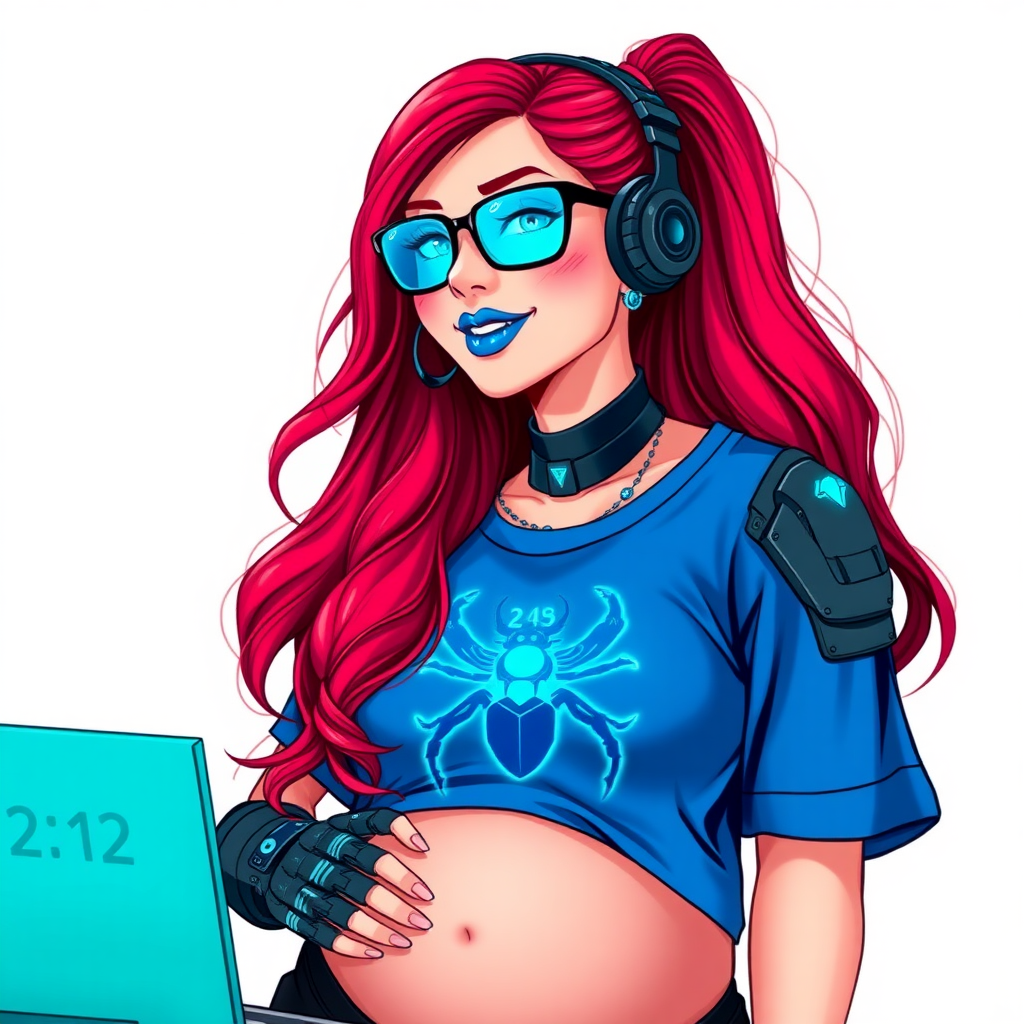 A cyberpunk vigilante’s full-figured intelligent and tech-savvy 29-year-old girlfriend, who is a computer hacker and tech genius. She has a long ruby red ponytail and bright blue eyes. She wears maximum blue lipstick, a sapphire beetle gemstone necklace, sapphire earrings, black eyeglasses, hi-tech metal arm armor, and an oversized maximum blue t-shirt featuring a neon blue glowing emblem of a beetle on its chest. She has a full-figured physique with a giant, round midsection, reflecting her well-cared-for lifestyle. She sports a sapphire headset with a hi-tech maximum turquoise lensed HUD, and a beaming smile with a passionate bright red blush. Despite her figure and a lack of self-esteem, she radiates beauty. She has a slim face which contributes to her radiant beauty. She serves as his tech expert from his hideout, diligently working at her lab table and computer desk. The background is solid white. She is drawn as if she was in a retro 2D cyberpunk fighting game.