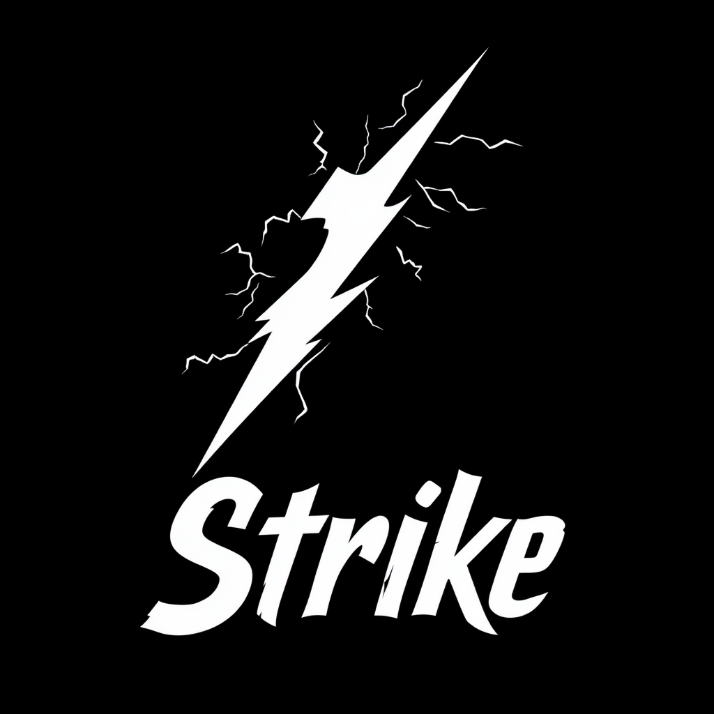 "Strike" with a sharp fort on a black background and with font. Make it with some lightning motives. Black and white