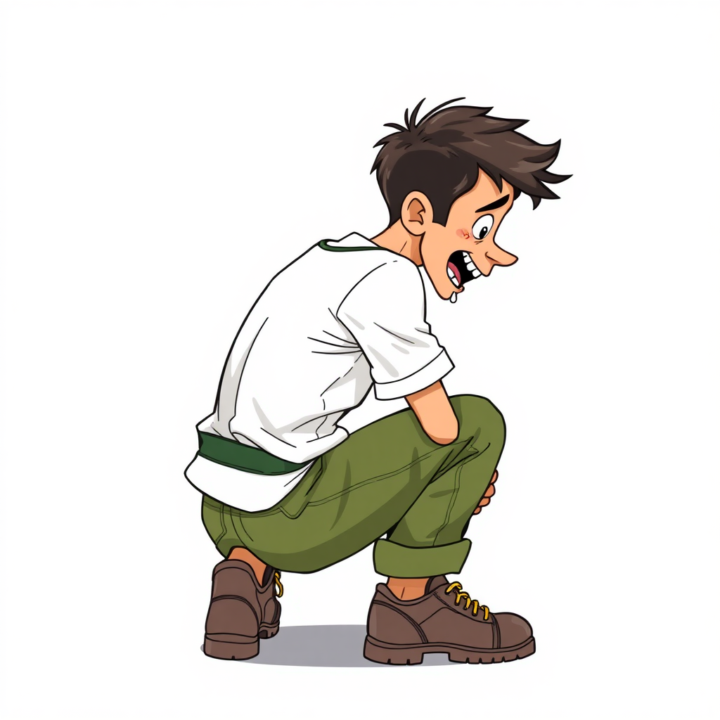 nervous small 15 year old european skinny man, long sleeves green rolled down coveralls, tense fabric, white t-shirt, squatting, stunned, mesmerized, joyful, heavy drooling, side view, safety shoes, detailed feet, 2D, caricature, cartoon, Sketch lines, coloring book, coloring book, side rear view