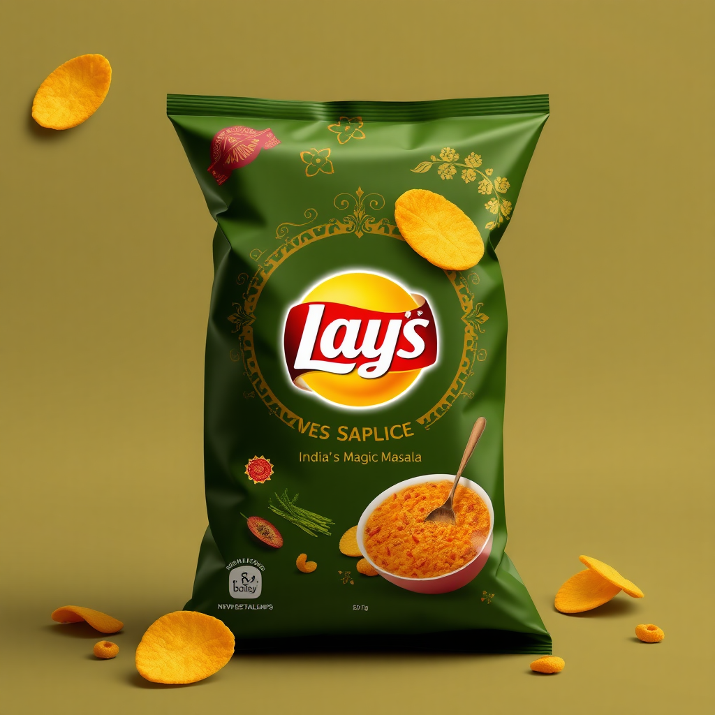 Redesign Lays chips India's magic masala packaging where Indian spices meet Lays logo.