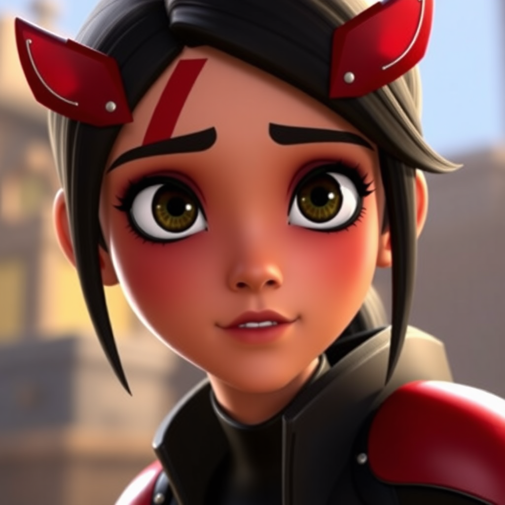 A Pixar animated Alita, with Alita's red markings on her face.