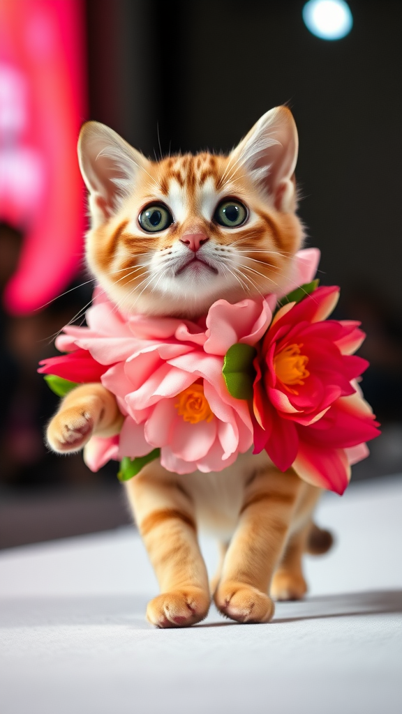 A little chubby cat with big eyes and a pink nose is walking on two paws, wearing a real flower costume and doing a ramp walk in a fashion show.