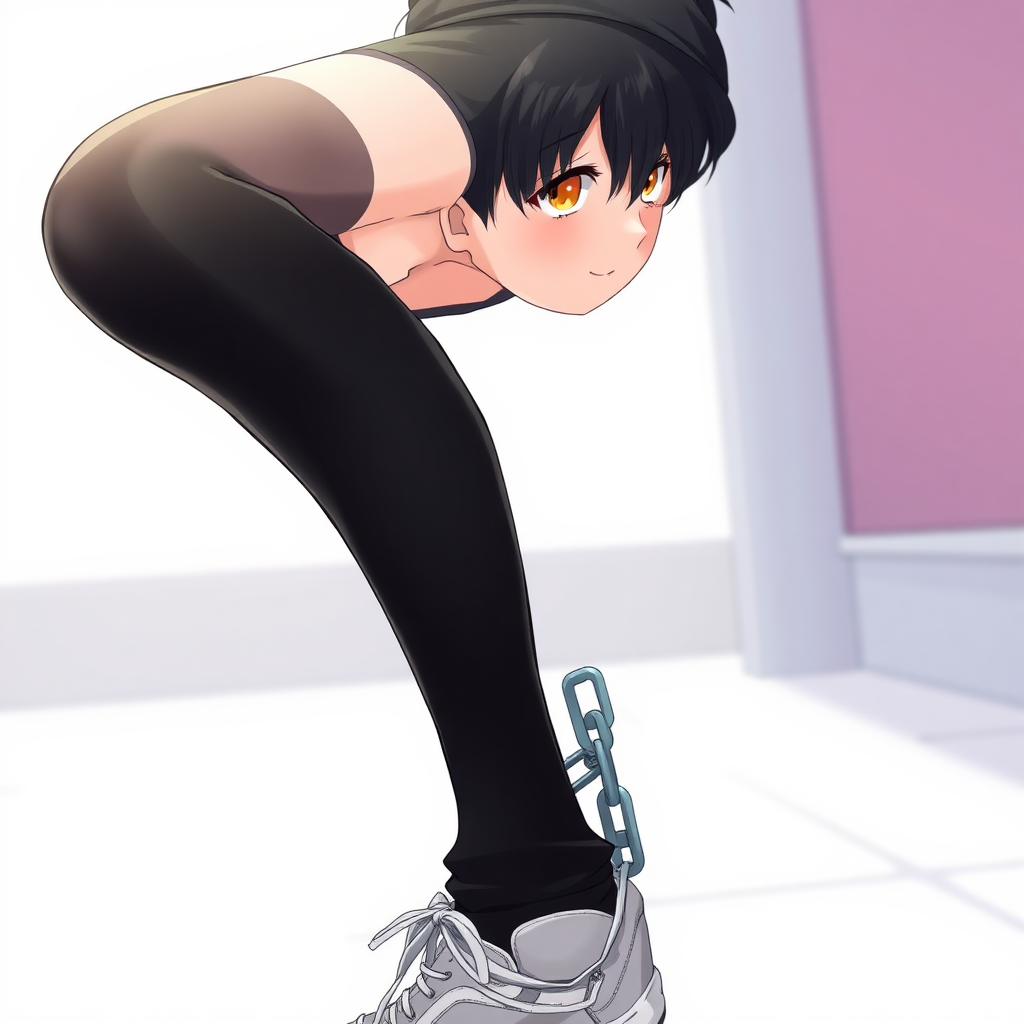 Anime detailed face, masterpiece, high quality, 1boy, boy haircut, crossdressing, Black thigh high socks, sneakers, male body, male bulge, flat chest, teenager boy, teenage, male body type, dark hair, short hair, boy hair cut, honey eyes, looking at viewer, shy, sexy, very short hair, happy, curvy boy, boy face, thin body, tight clothes, flat chest, crop top black, The razor chain is attached to the thigh